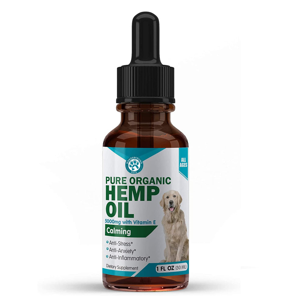 Pawsitive Wanderfound huile de chanvre en bouteille favorise le calme chez les chiens et les chats.