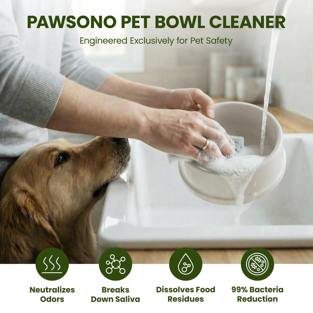 PawSono mousse nettoyante appliquée sur bol animal prêt à être nettoyé.