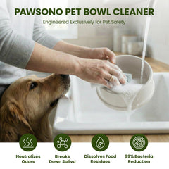 PawSono mousse nettoyante appliquée sur bol animal prêt à être nettoyé.