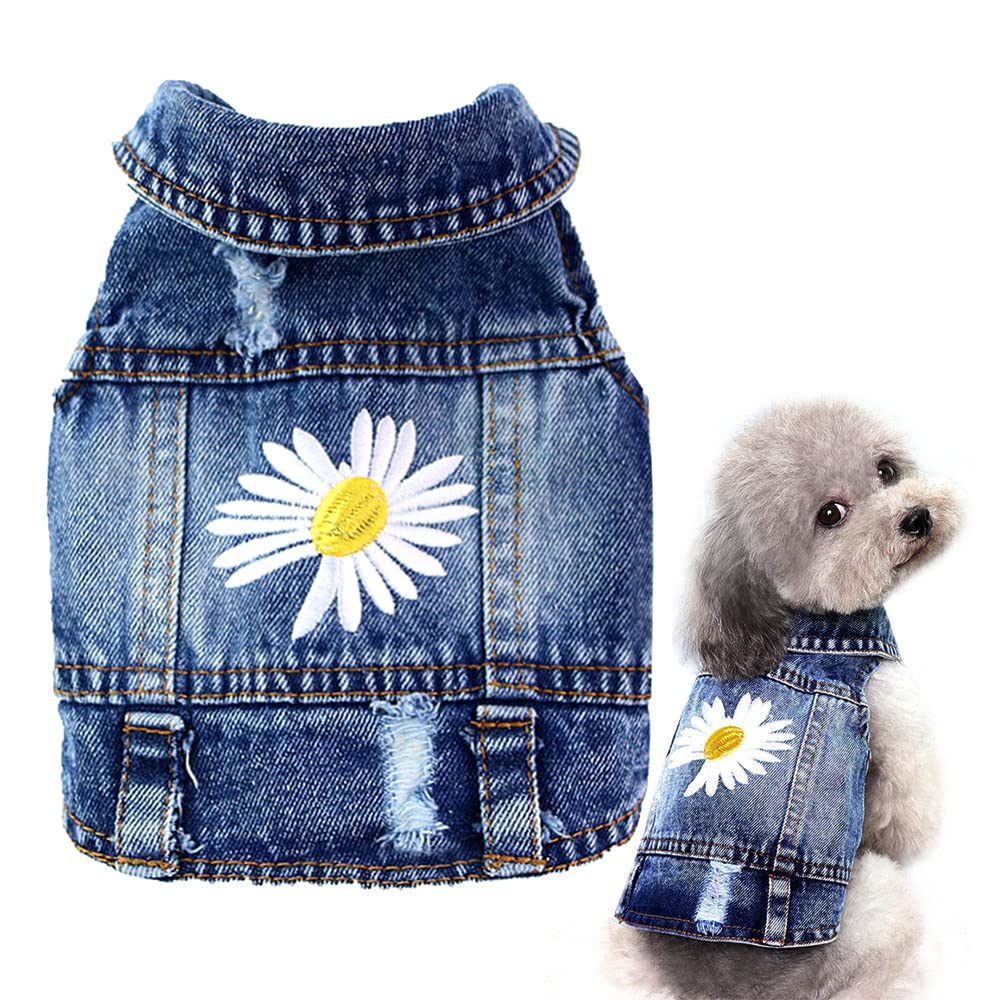 Veste Pawstrip en jean pour chien avec broderie marguerite, style tendance et confortable.