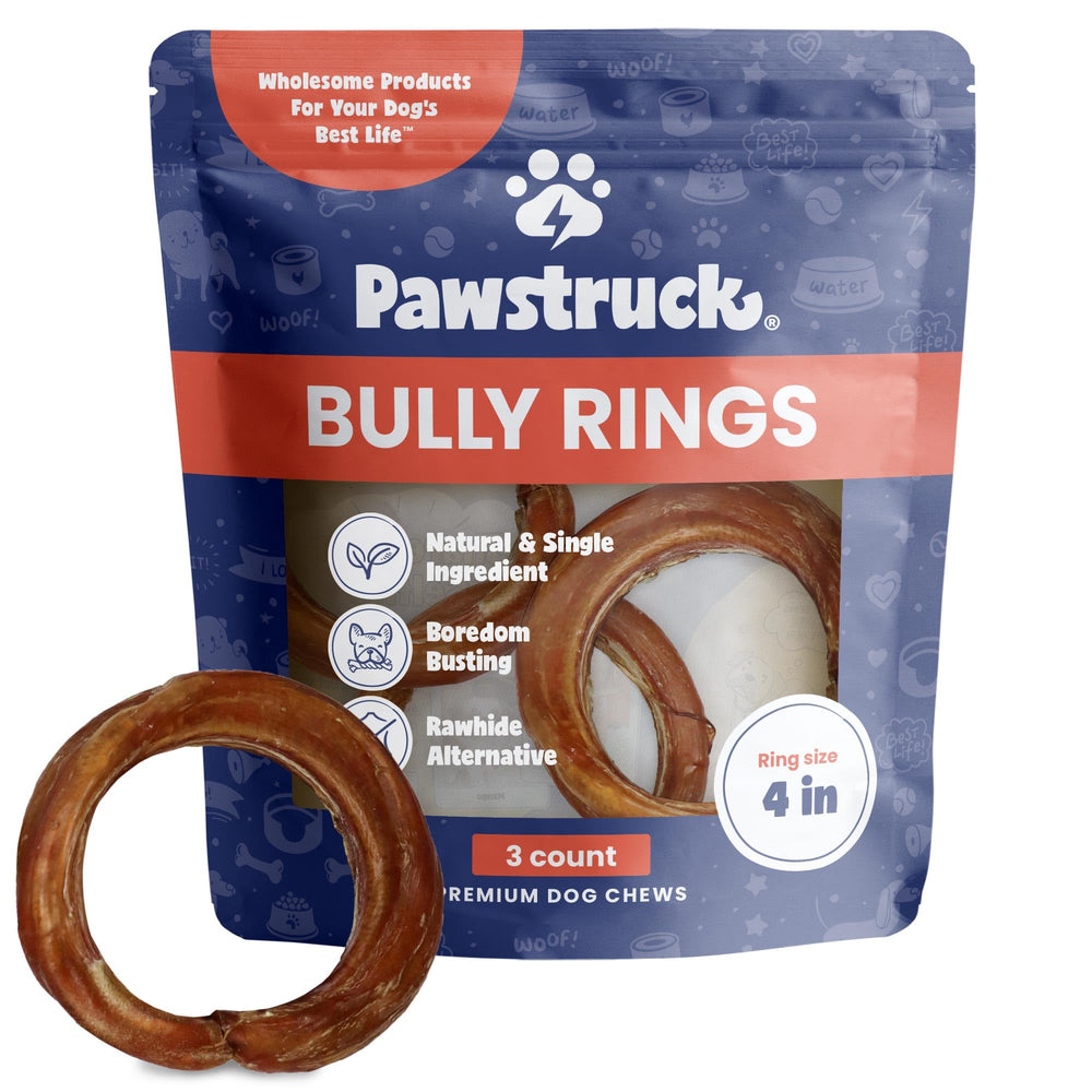 Pawstruck anneau pizzle boeuf 4 pouces en gros plan, favorise le nettoyage dentaire pendant la mastication.
