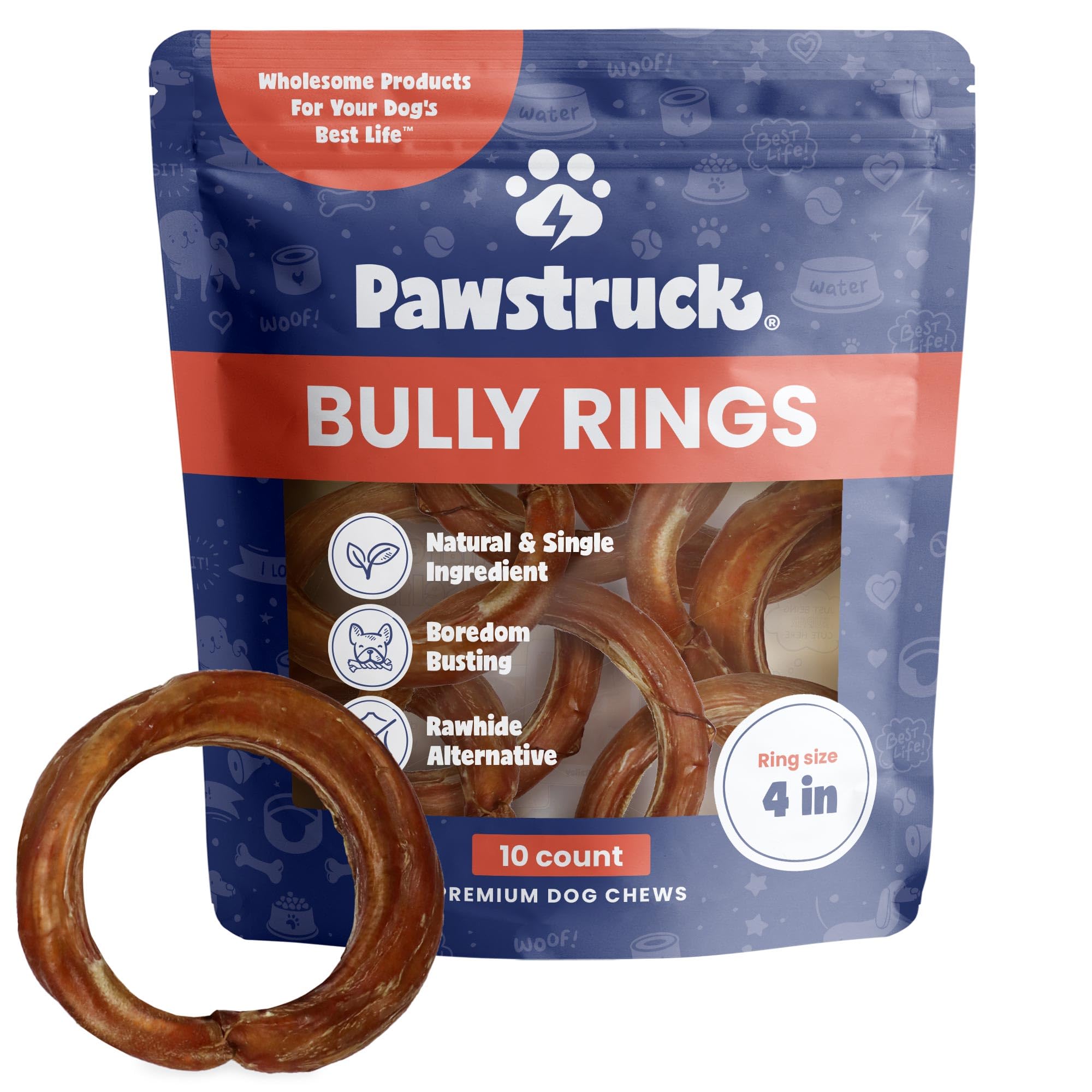 Pawstruck, anneaux bully-stick, friandise naturelle, mastication durable pour chien.