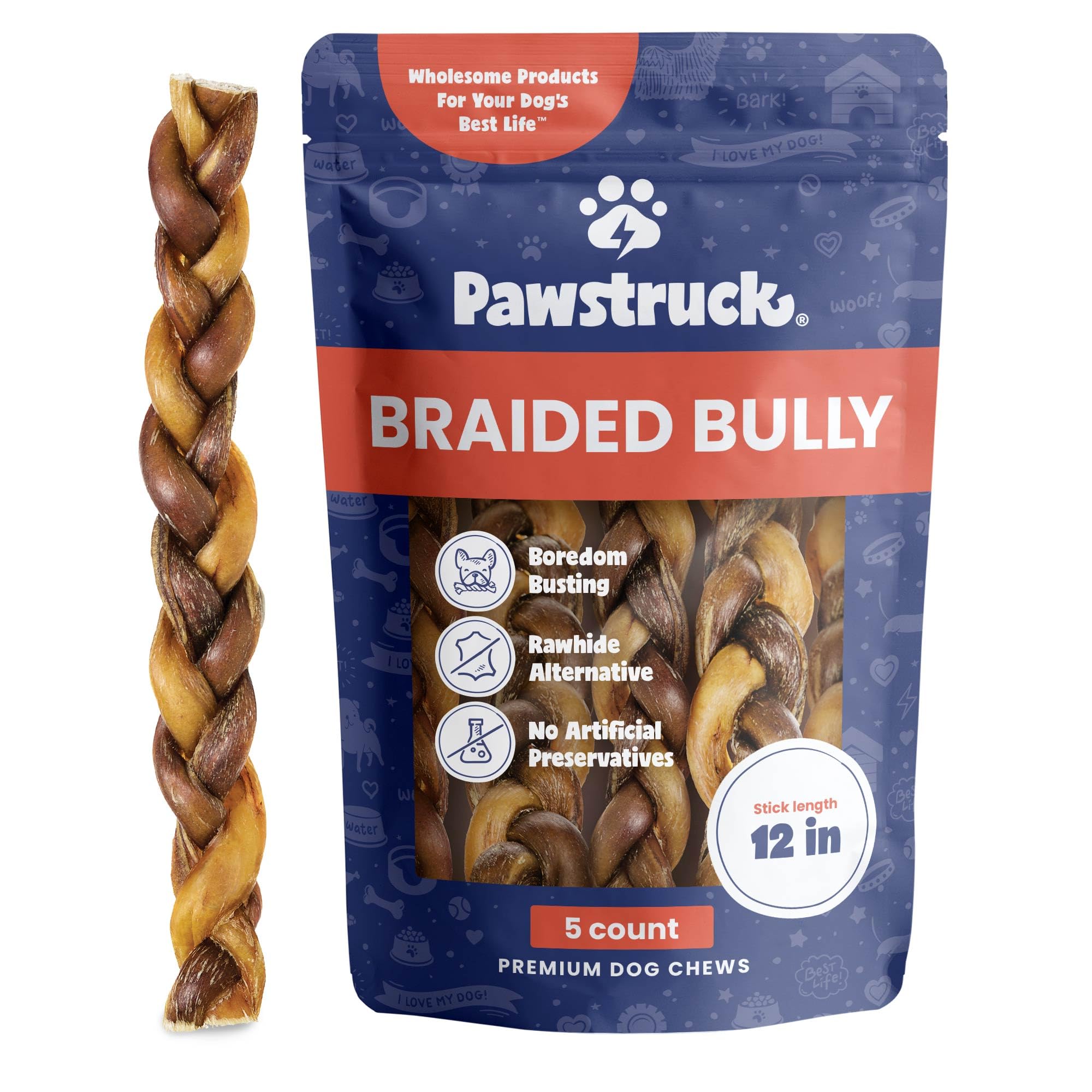 Friandise Pawstruck baton-boeuf-tresse 12 pouces, durable pour chiens actifs.