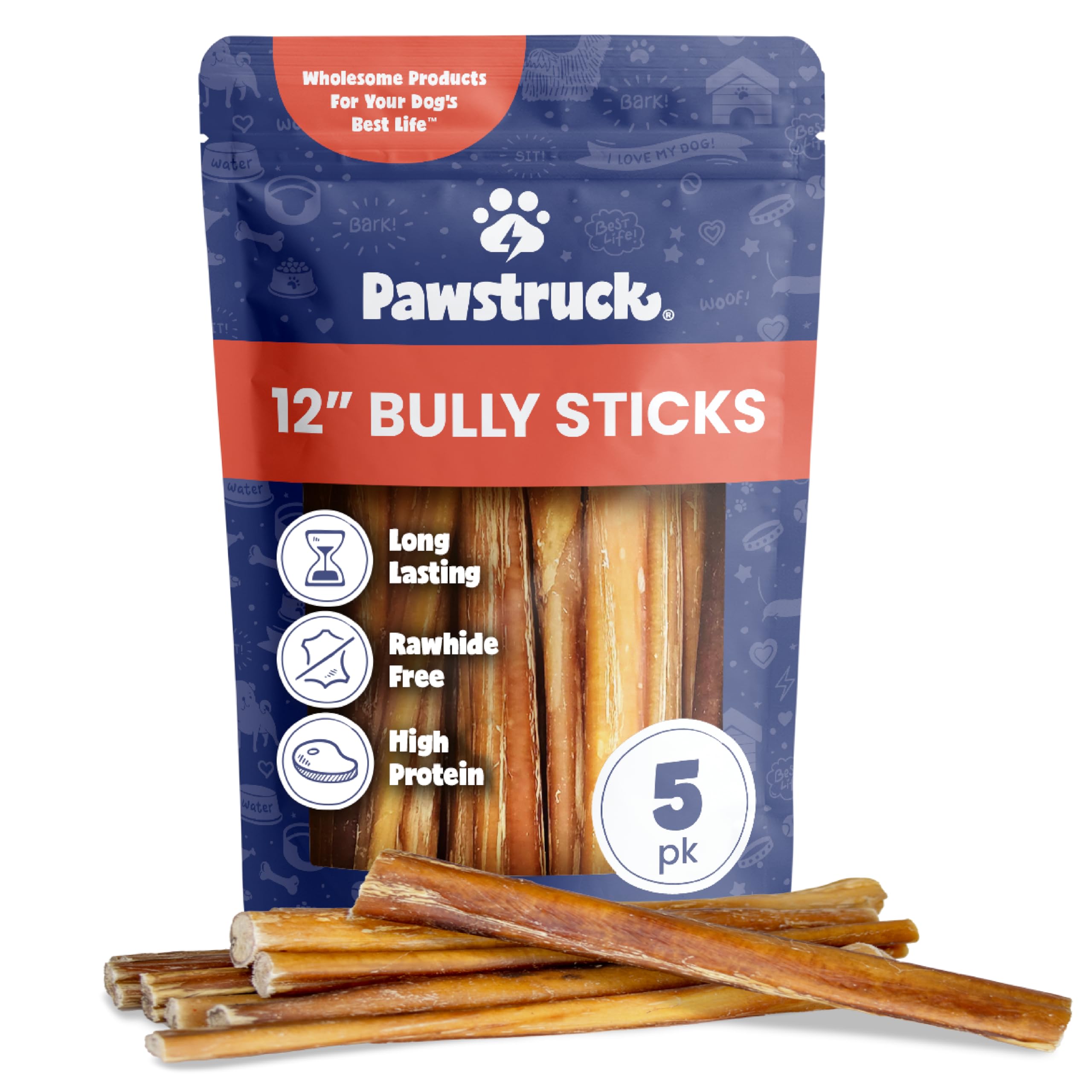 Pawstruck bâtonnets pizzle boeuf 12 pouces pack5 – texture naturelle et durable.