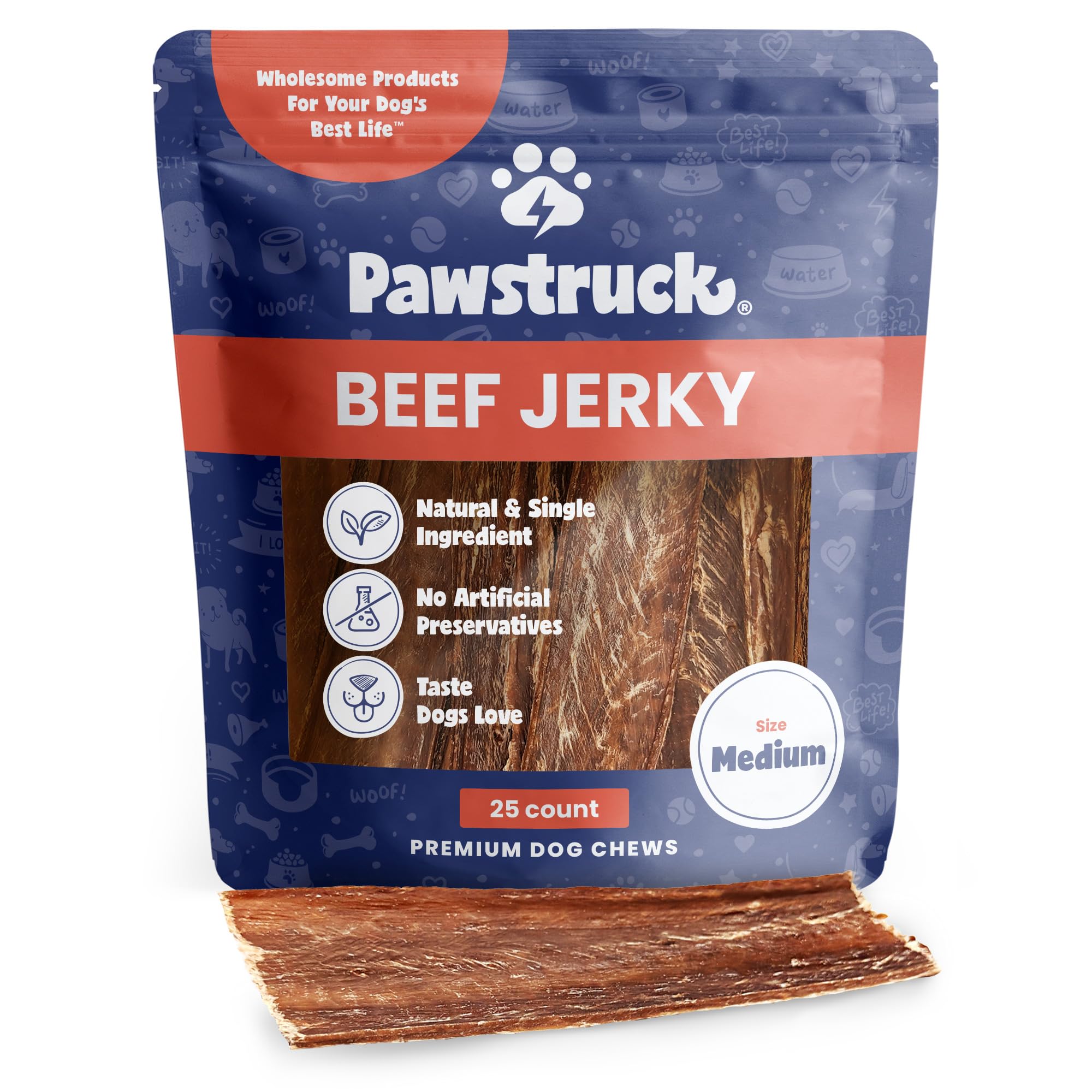 Friandise Pawstruck boeuf jerky, tranches 4-6 pouces, récompense savoureuse.
