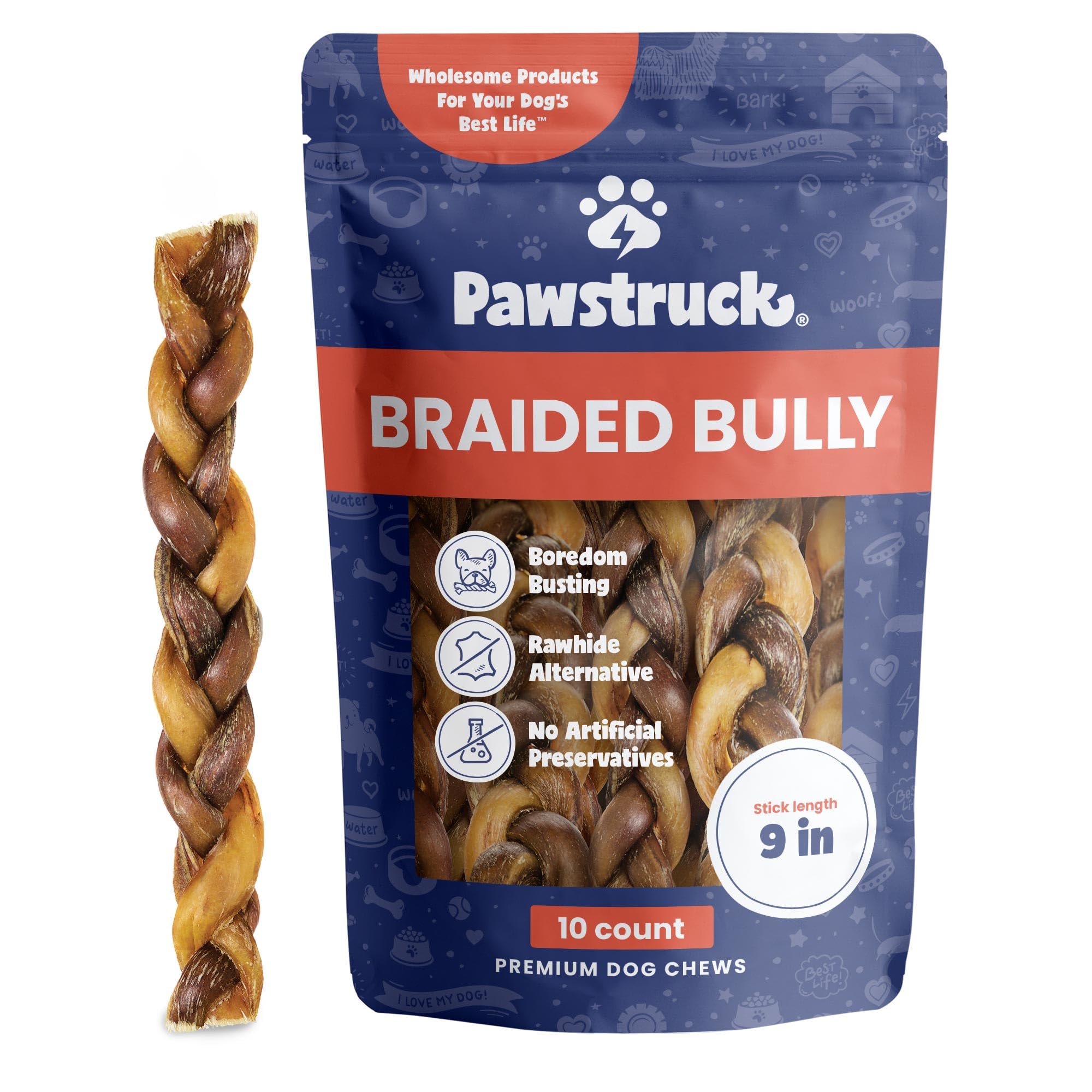 Pawstruck bully-sticks 9 tresses durables pour mâcher longtemps et apaiser l'ennui.