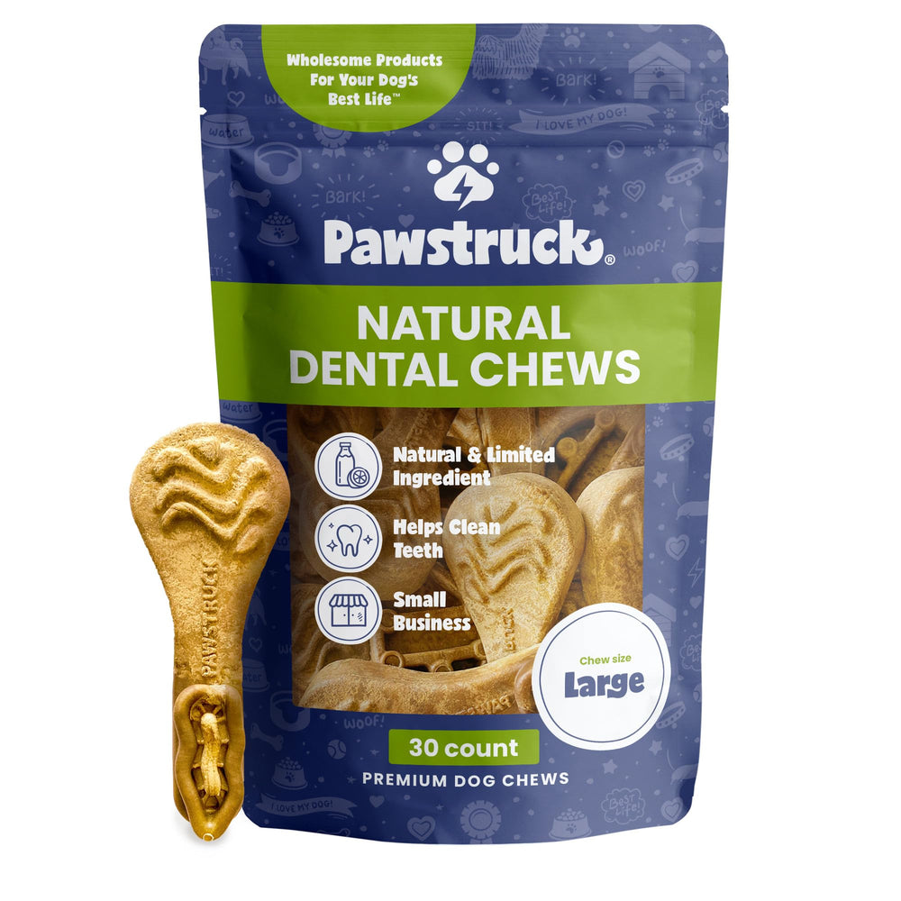 Friandises dentaires Pawstruck naturelles et emballage varié, pour un soin dentaire quotidien.