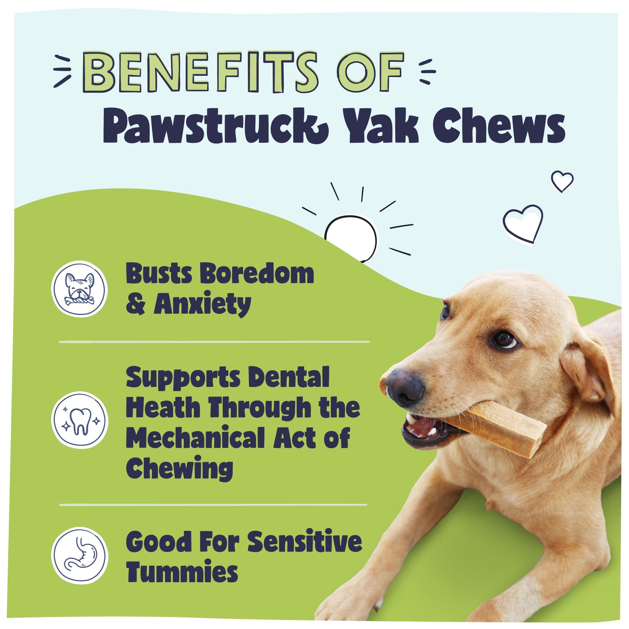 Friandise Pawstruck Fromage Yak Naturel, trois ingrédients simples pour une mastication naturelle.