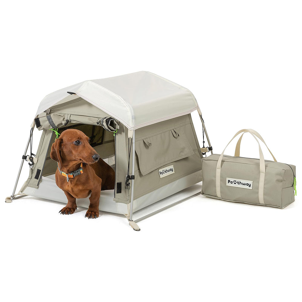 Pawthway Tente chien coton avec matelas camping, espace frais et ombragé.