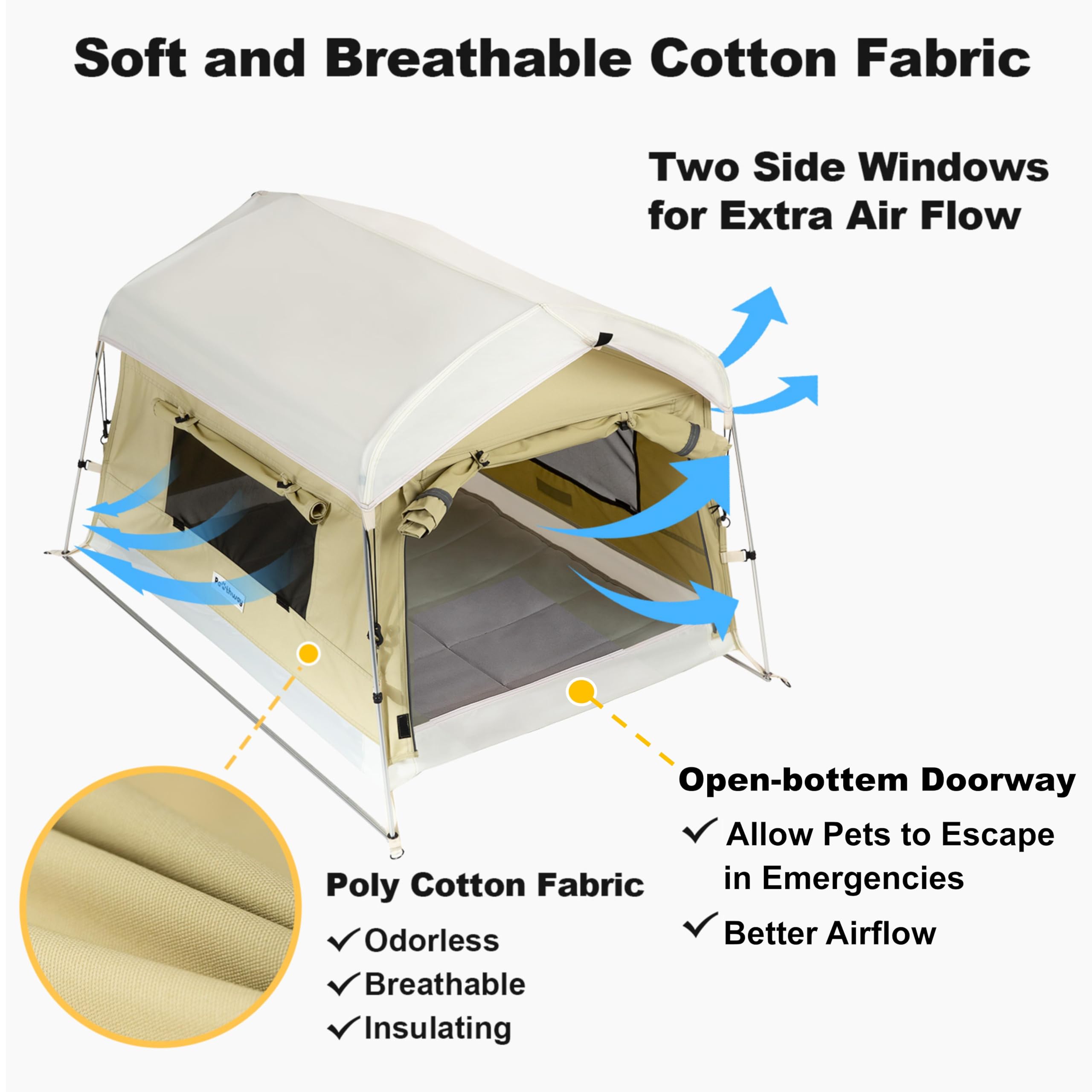Pawthway Tente Chien en coton, porte à doubles zips pour accessibilité.