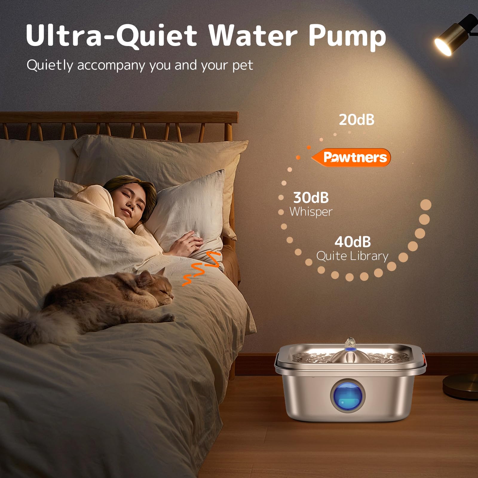 Pompe ultra-silencieuse Pawtners pour un usage calme et discret.