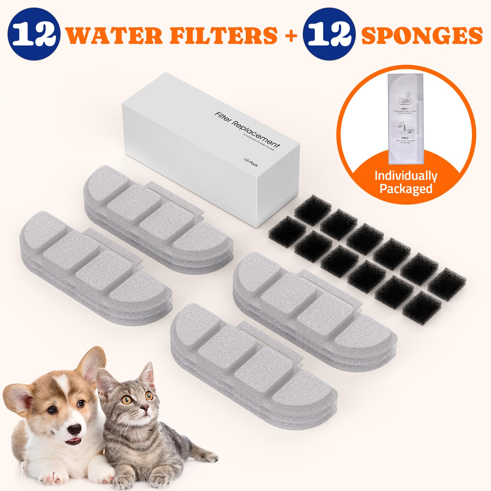Pawtners WF008A — emballage de 12 filtres et éponges pré-filtration