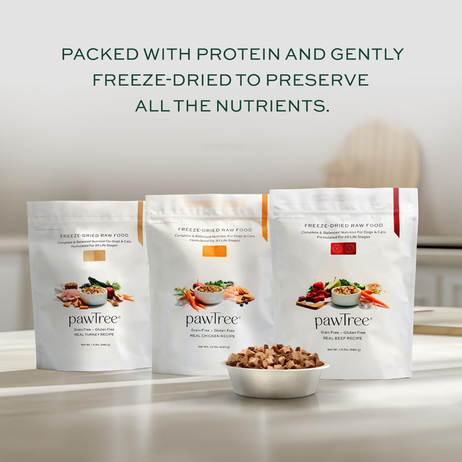pawTree Sachet lyophilise sans céréales, sécurité et pratique lors des déplacements.