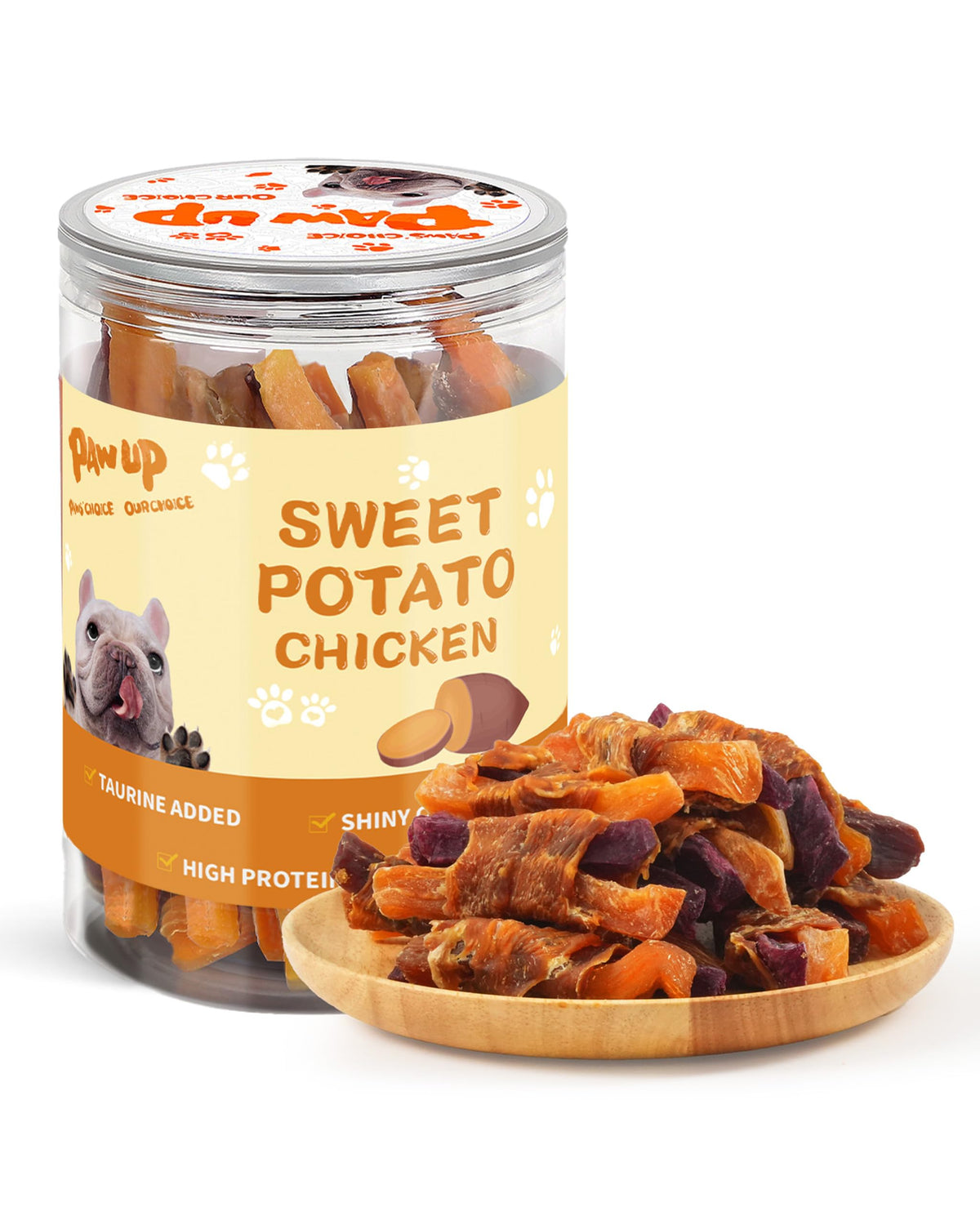 PAWUP emballage montrant croquettes poulet et patates douces, option pratique pour chiens.