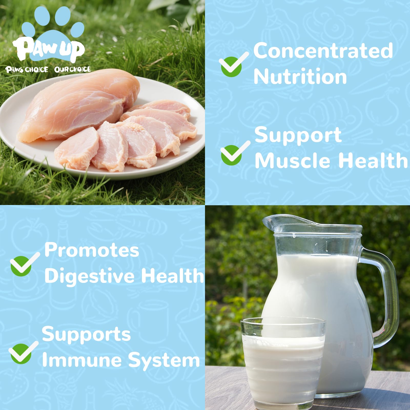 PAWUP fraîcheur lyophilisée préserve les nutriments du lait de chèvre et du poulet.