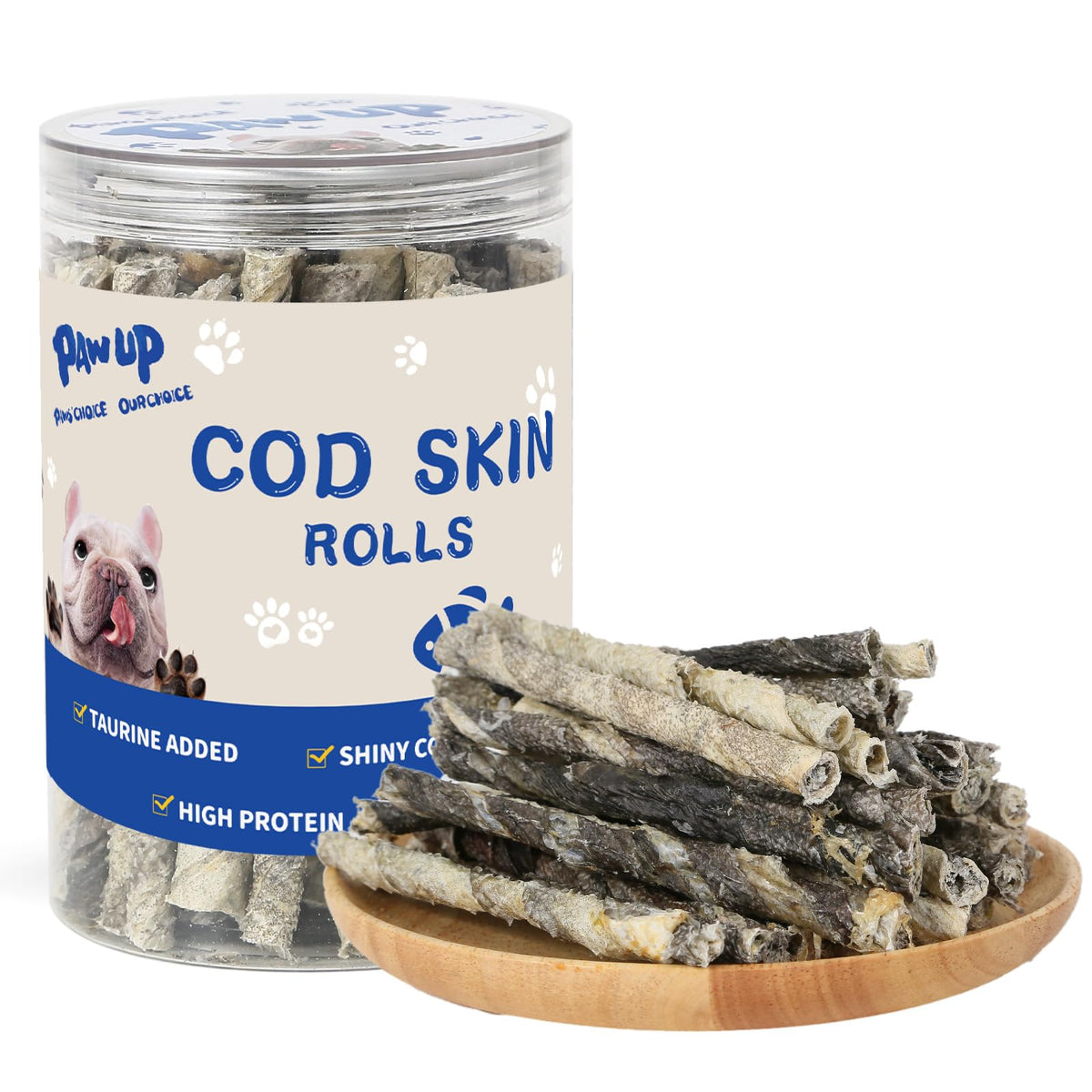 PAWUP rouleaux-peau-cabillaud: texture croustillante pour récompenser votre petit chien.