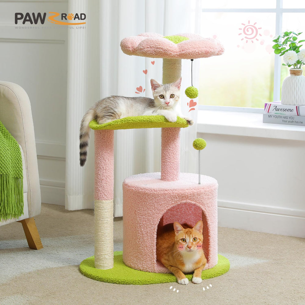 PAWZ Road Arbre Chat Fleur Rose 32 pouces assemblage facile et accessoires inclus.