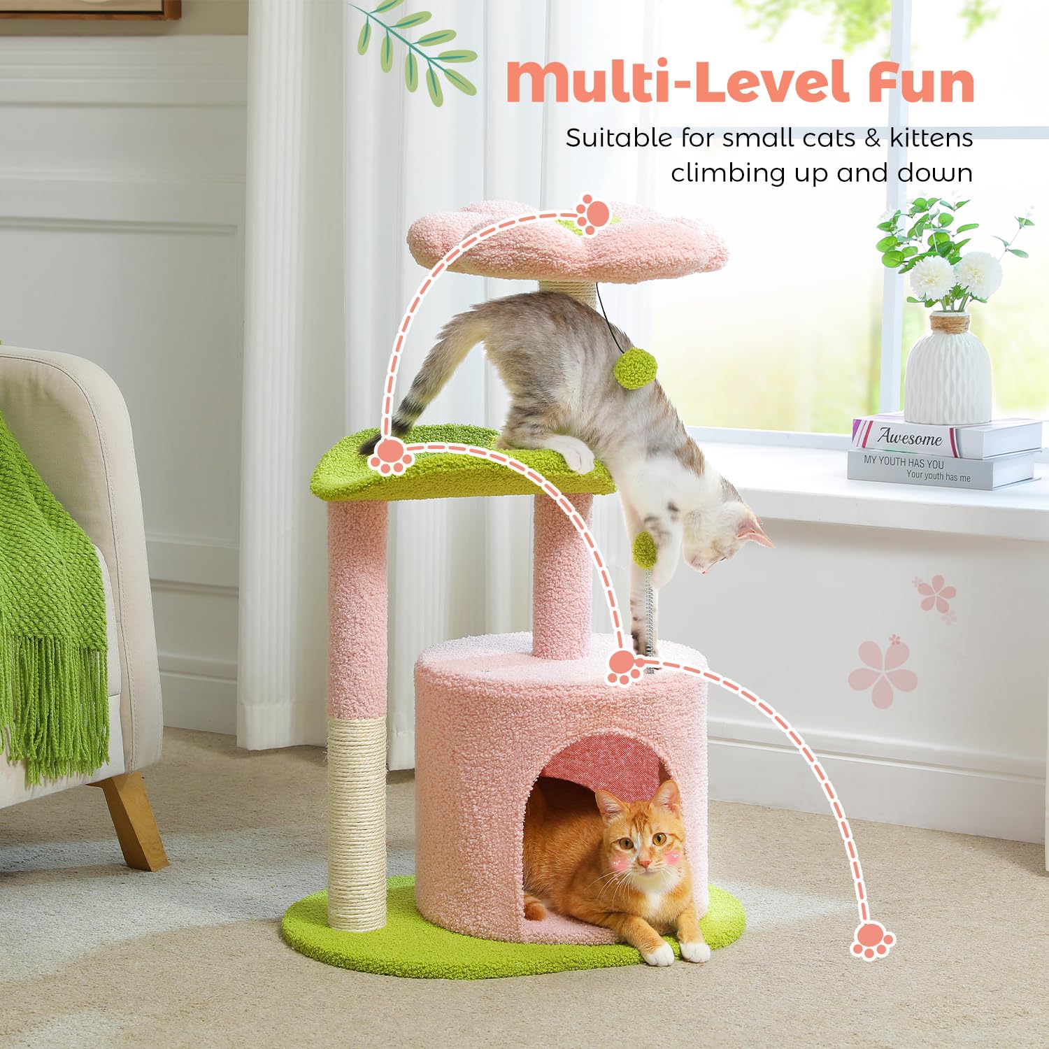 PAWZ Road Arbre Chat Fleur Rose 32 pouces surface douce et moelleuse.