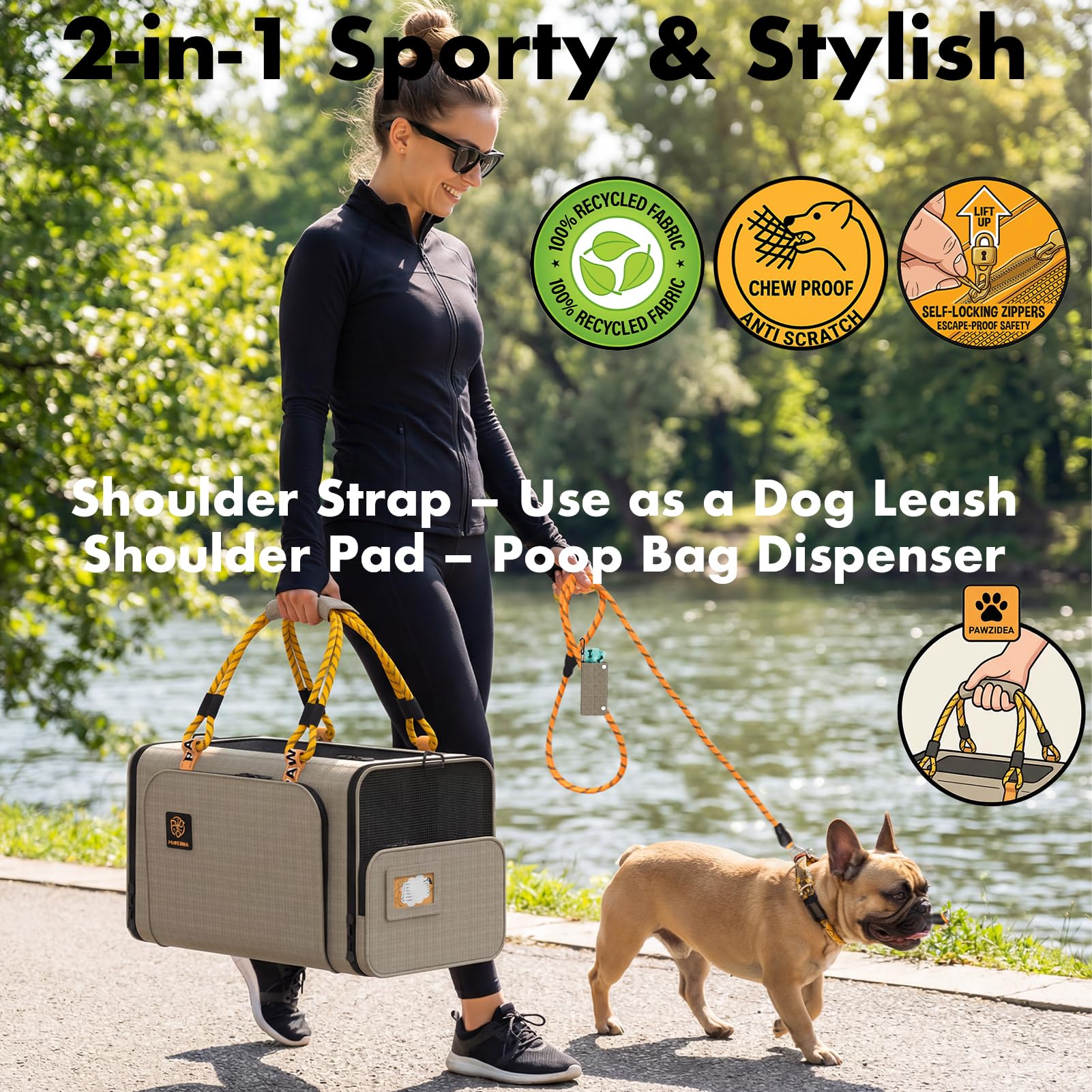 Pawzidea porte-animal extensible droit, accès rapide et sécurisé.