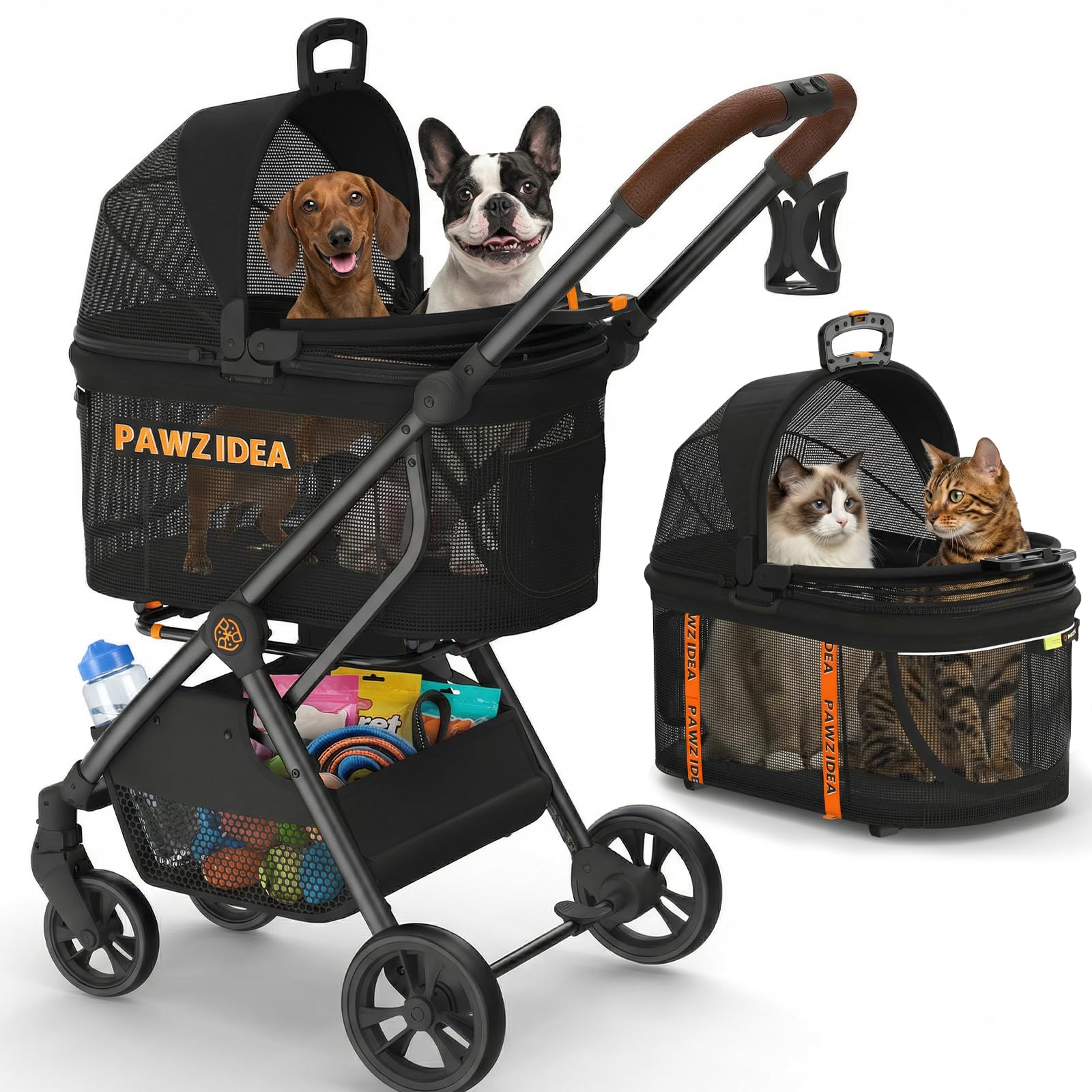 PAWZIDEA Poussette 4-en-1, système polyvalent pour petits animaux.