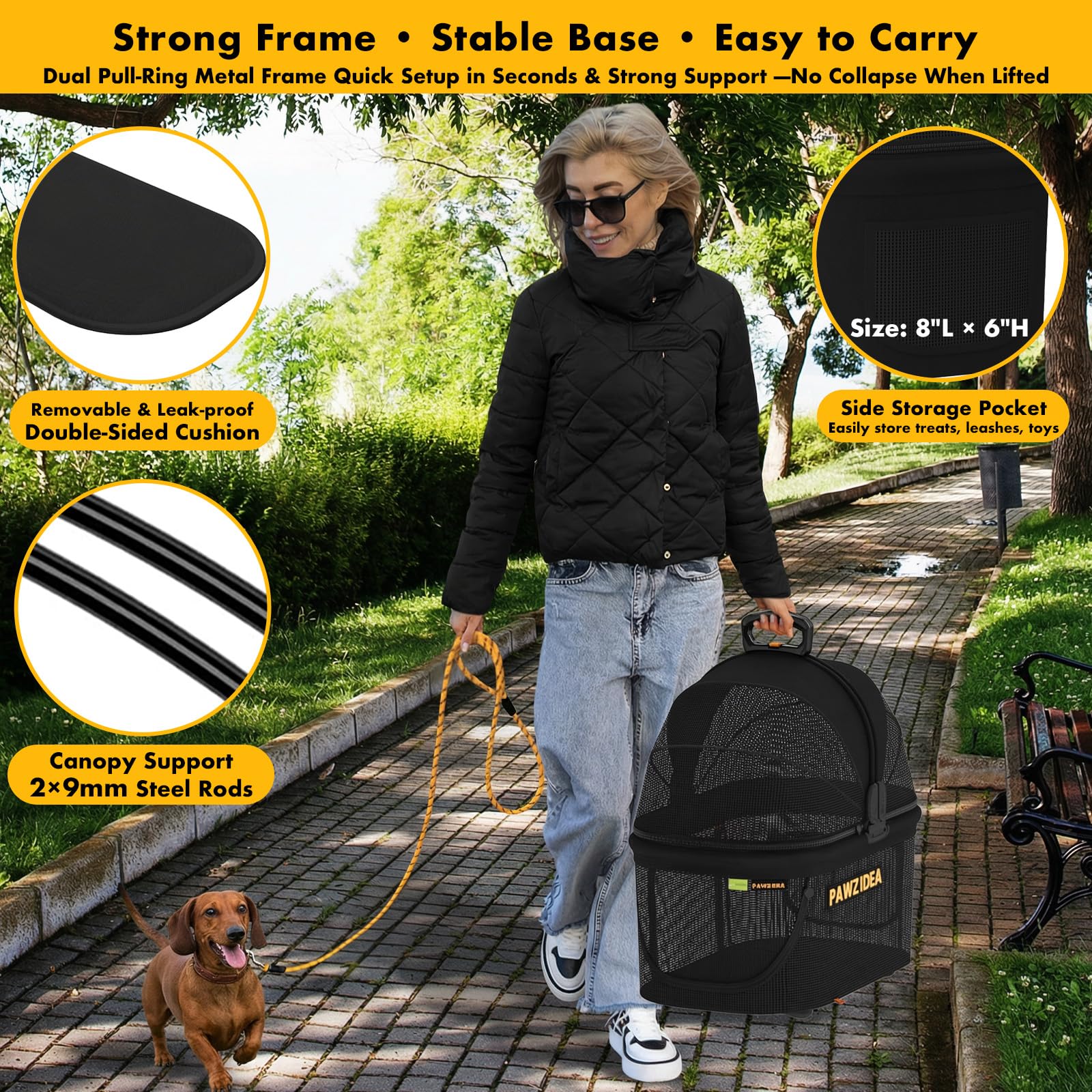 Roues tout-terrain PAWZIDEA avec suspension pour surfaces variées.