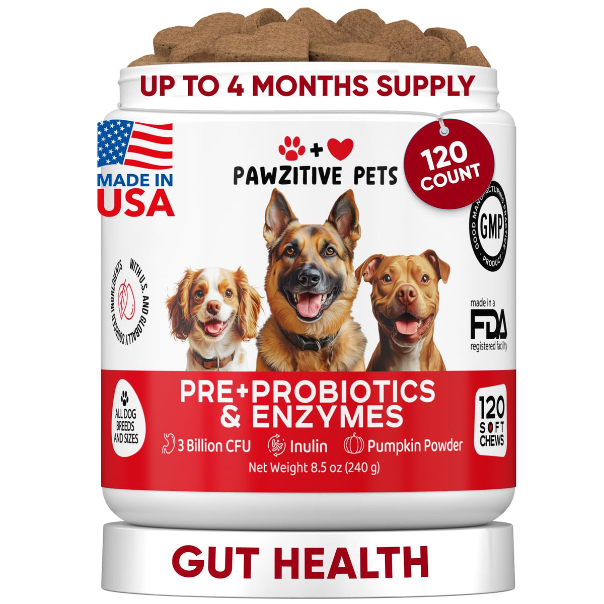 Pawzitive Pets Probiotiques pour Chiens – bouchées digestives soutiennent la digestion et le bien-être.