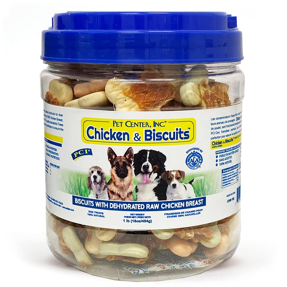 Friandises PCI: biscuits au poulet enrobés de poitrine, récompense protéinée pour chien.