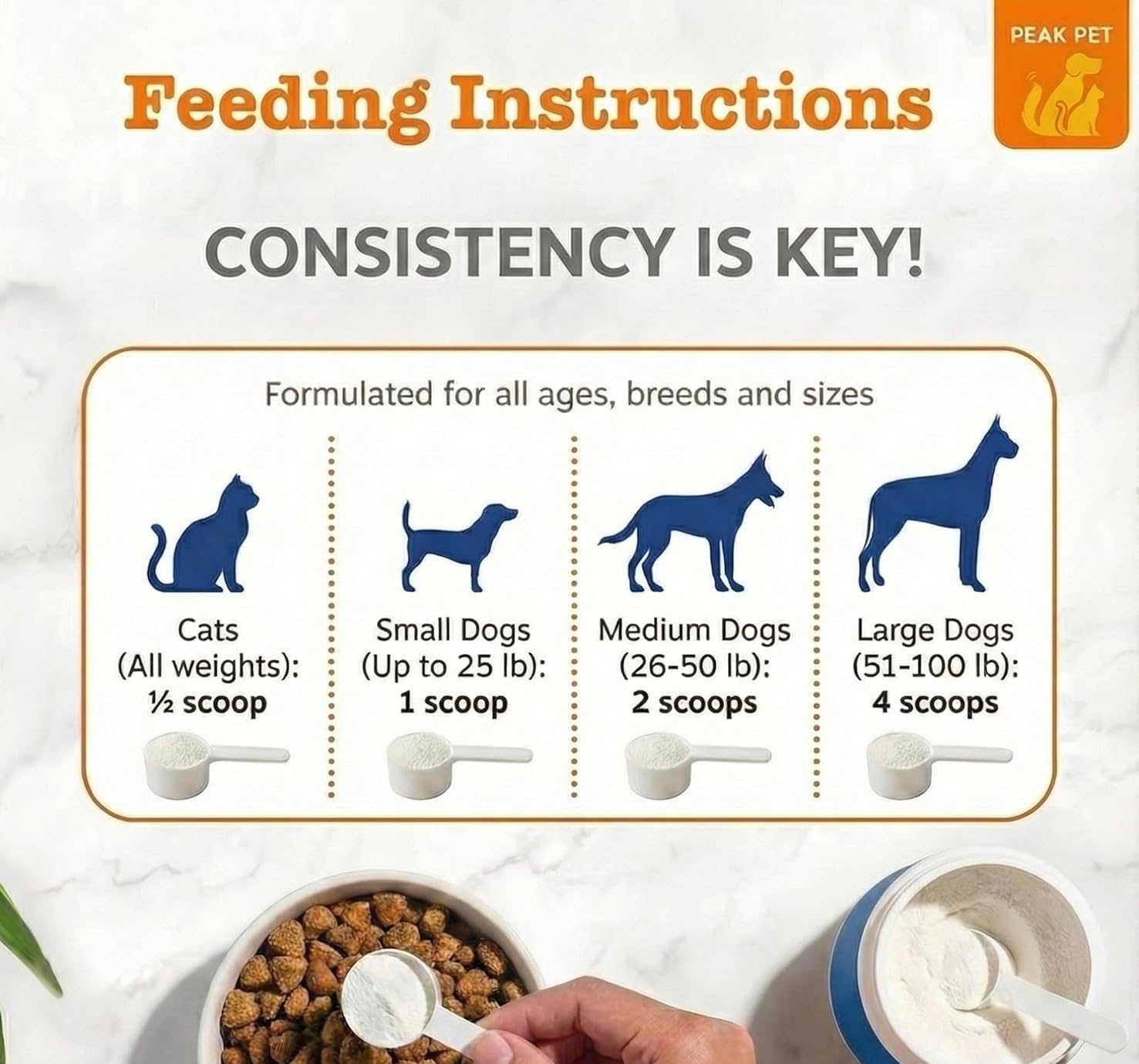 PEAK PET boîte emballage pratique pour doser quotidiennement la poudre.