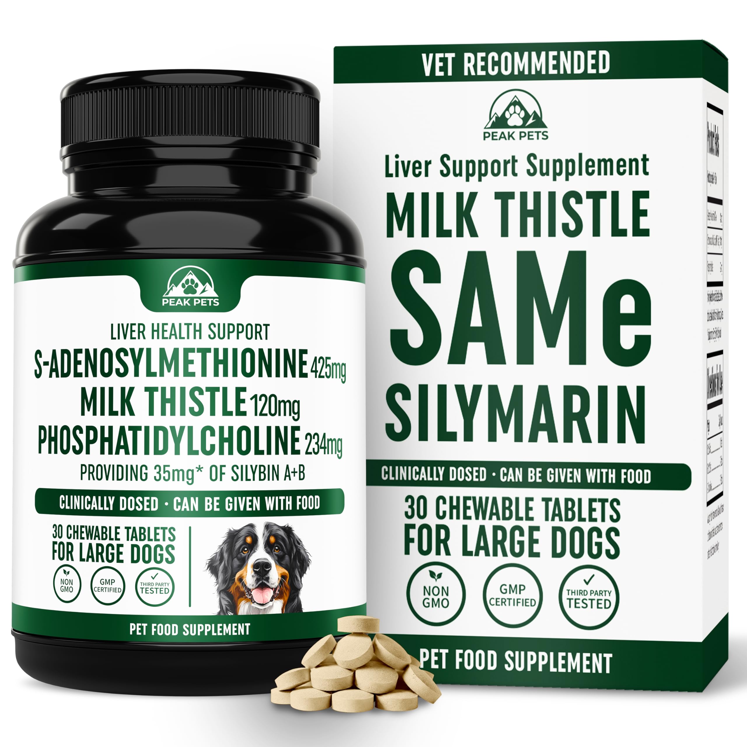 Boîte Peak Pets Liver Support et étiquette lisible pour le dosage.