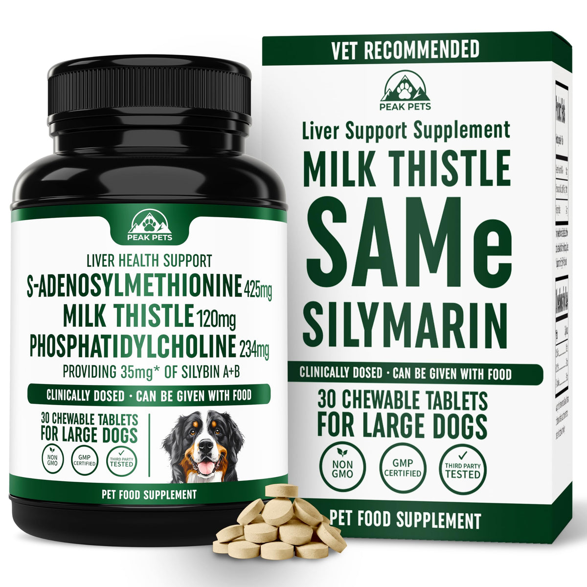 Boîte Peak Pets Liver Support et étiquette lisible pour le dosage.