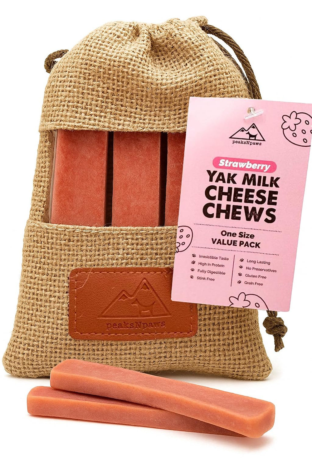 Friandise peaksNpaws batonnet-fromage-yak-fraise pour chien, mastication longue et satisfaisante.