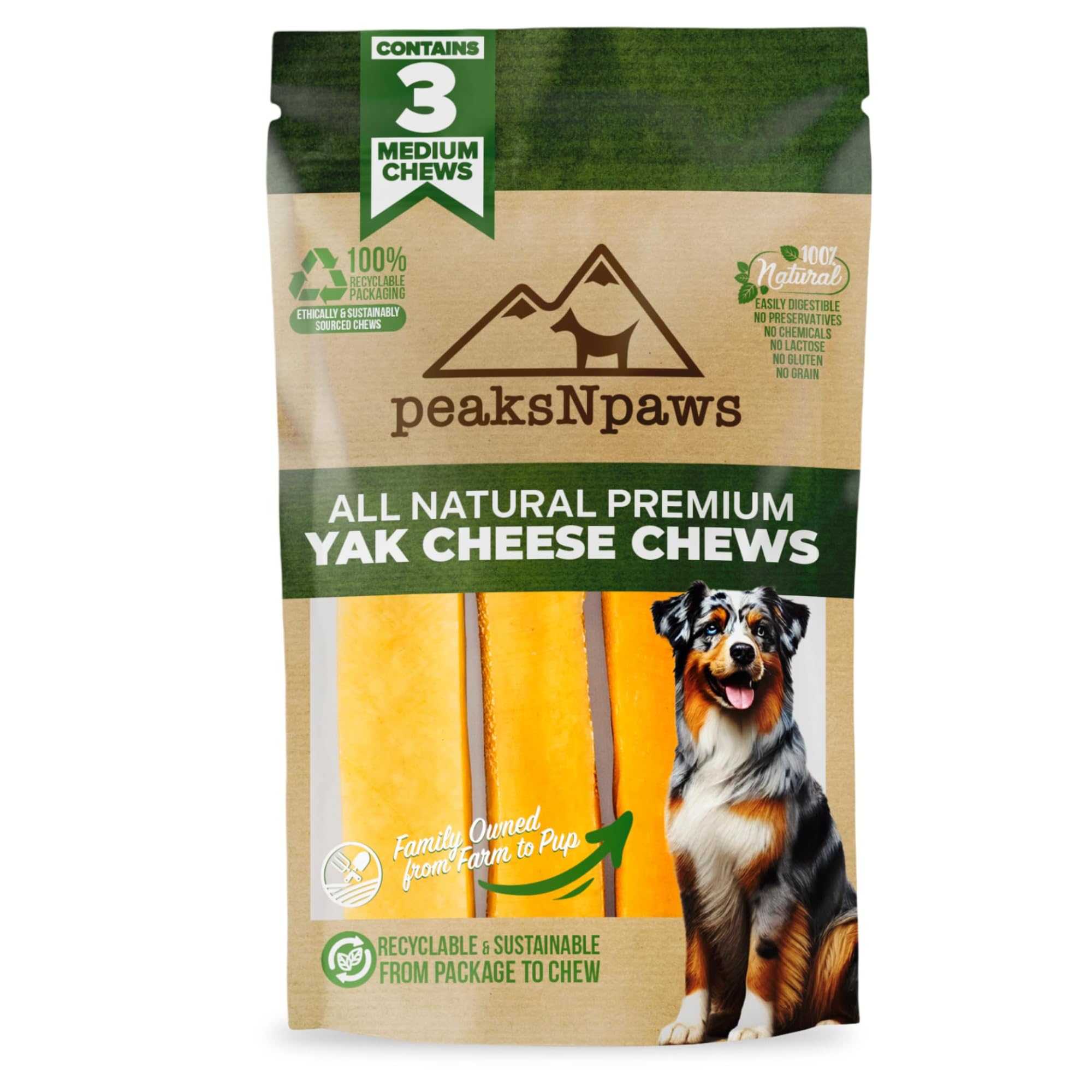 PeaksNpaws bâtonnets-fromage-yak-pour-chien: récompense savoureuse et mastication prolongée.