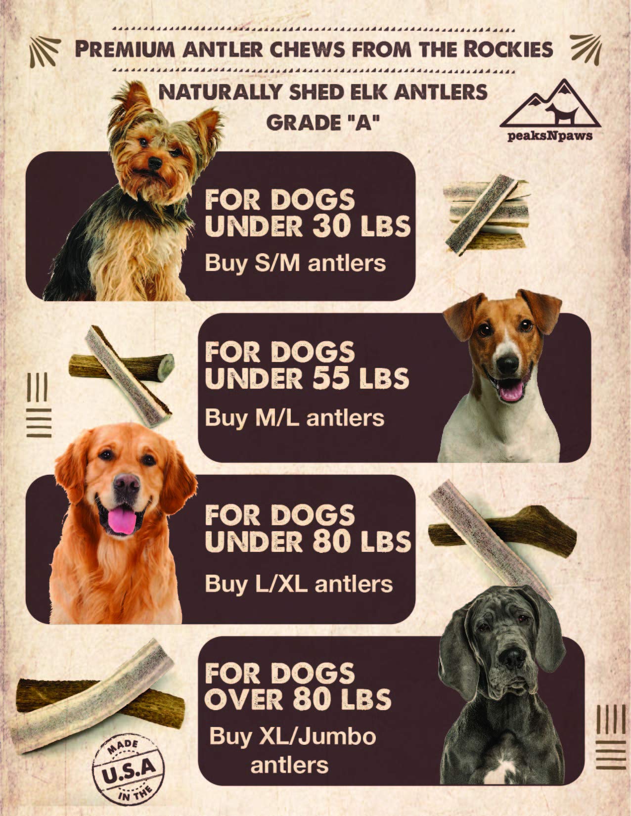 peaksNpaws fabriquer aux États‑Unis, qualité Grade A