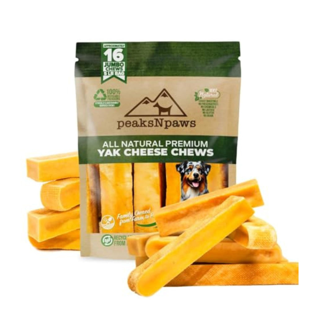 PeaksNpaws Yak Chews dans un emballage éco-responsable, pratique pour le chien.