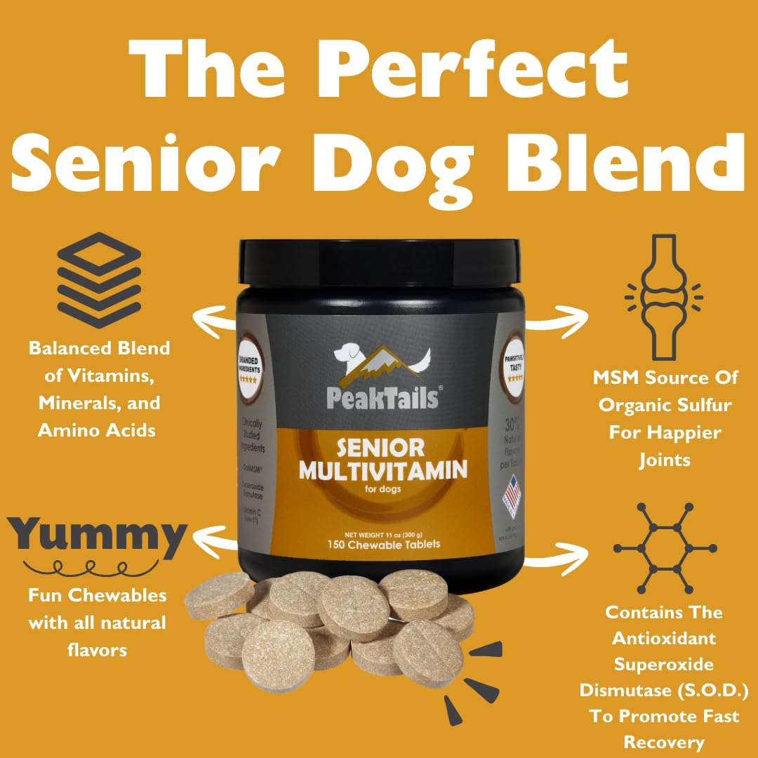 PeakTails Senior Multivitamin – 19 nutriments essentiels pour chiens âgés.