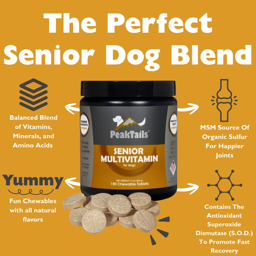 PeakTails Senior Multivitamin – 19 nutriments essentiels pour chiens âgés.