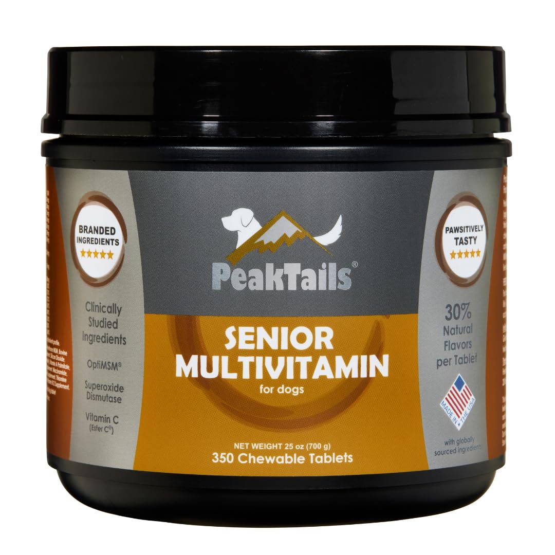 PeakTails Senior Multivitamin pour chien — bouteille et emballage pratique pour faciliter l’achat.