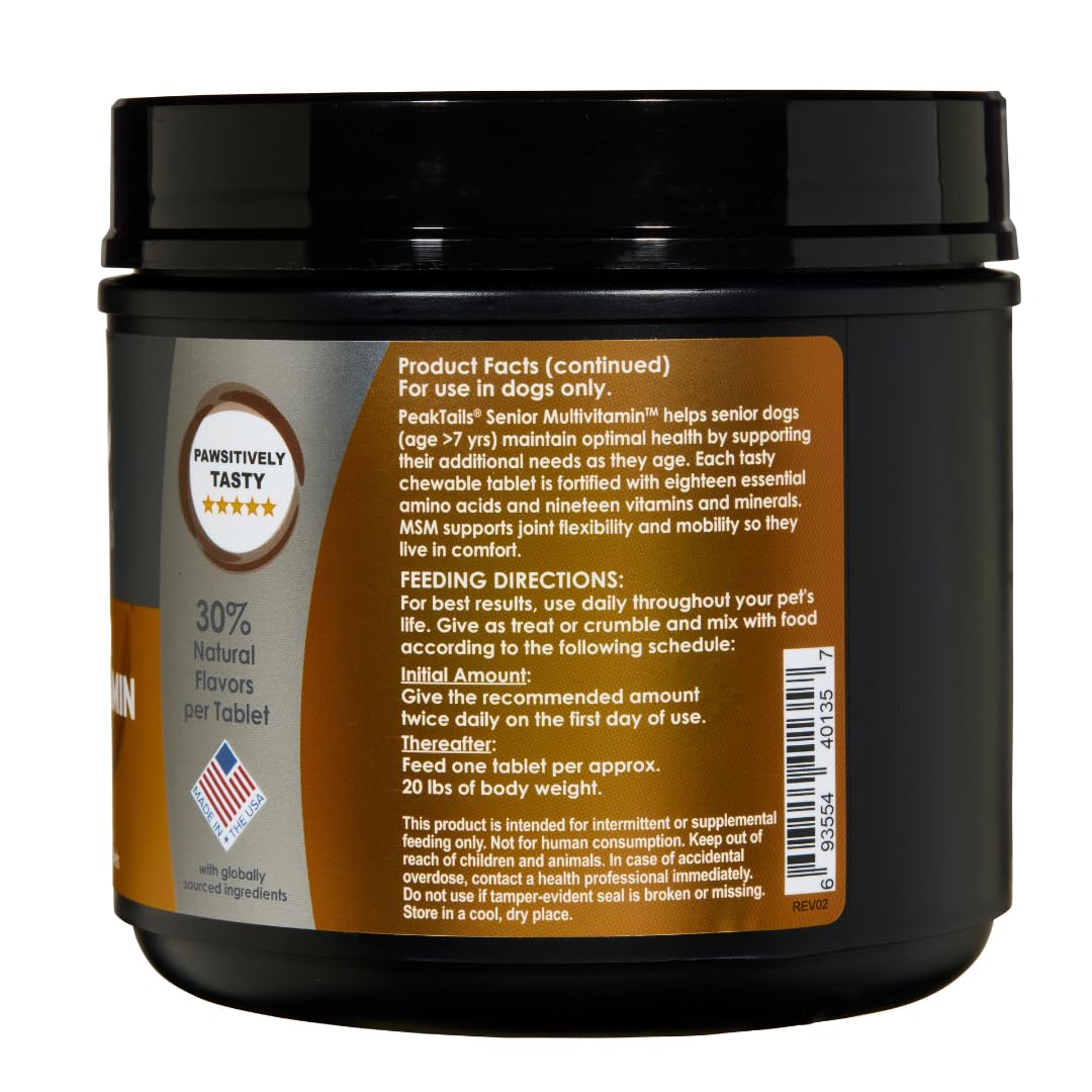 PeakTails Senior Multivitamin pour chien — comprimés faciles à mâcher favorisant la routine.