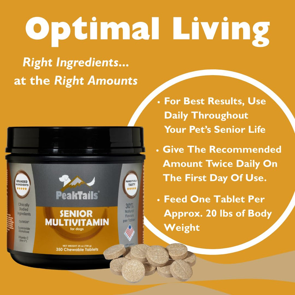 PeakTails Senior Multivitamin pour chien — fabriqué aux États-Unis selon des normes strictes.