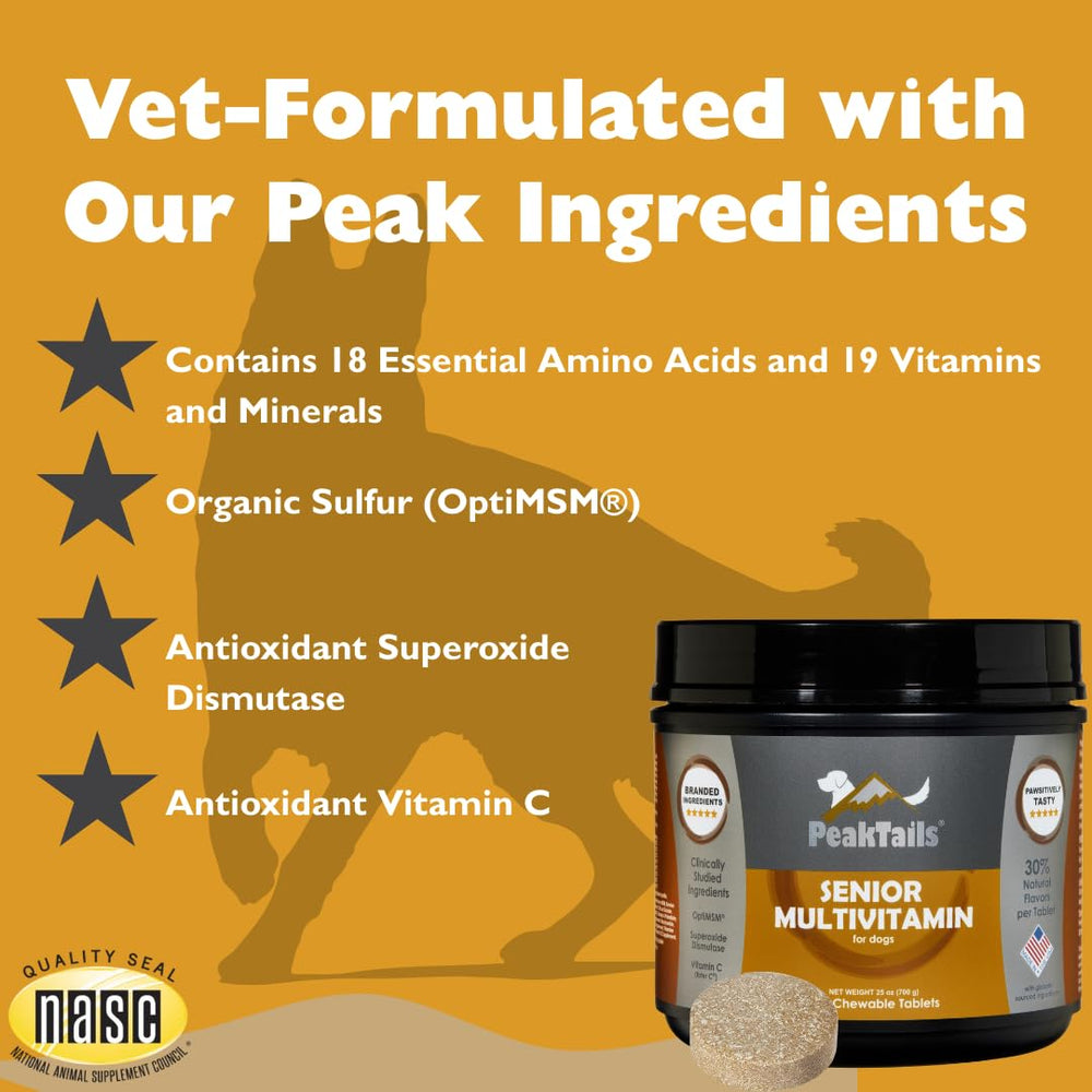 PeakTails Senior Multivitamin pour chien — ingrédients de haute qualité pour une meilleure absorption.