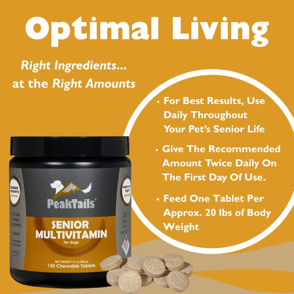 PeakTails Senior Multivitamin – fabriqué aux États-Unis pour sécurité et qualité.