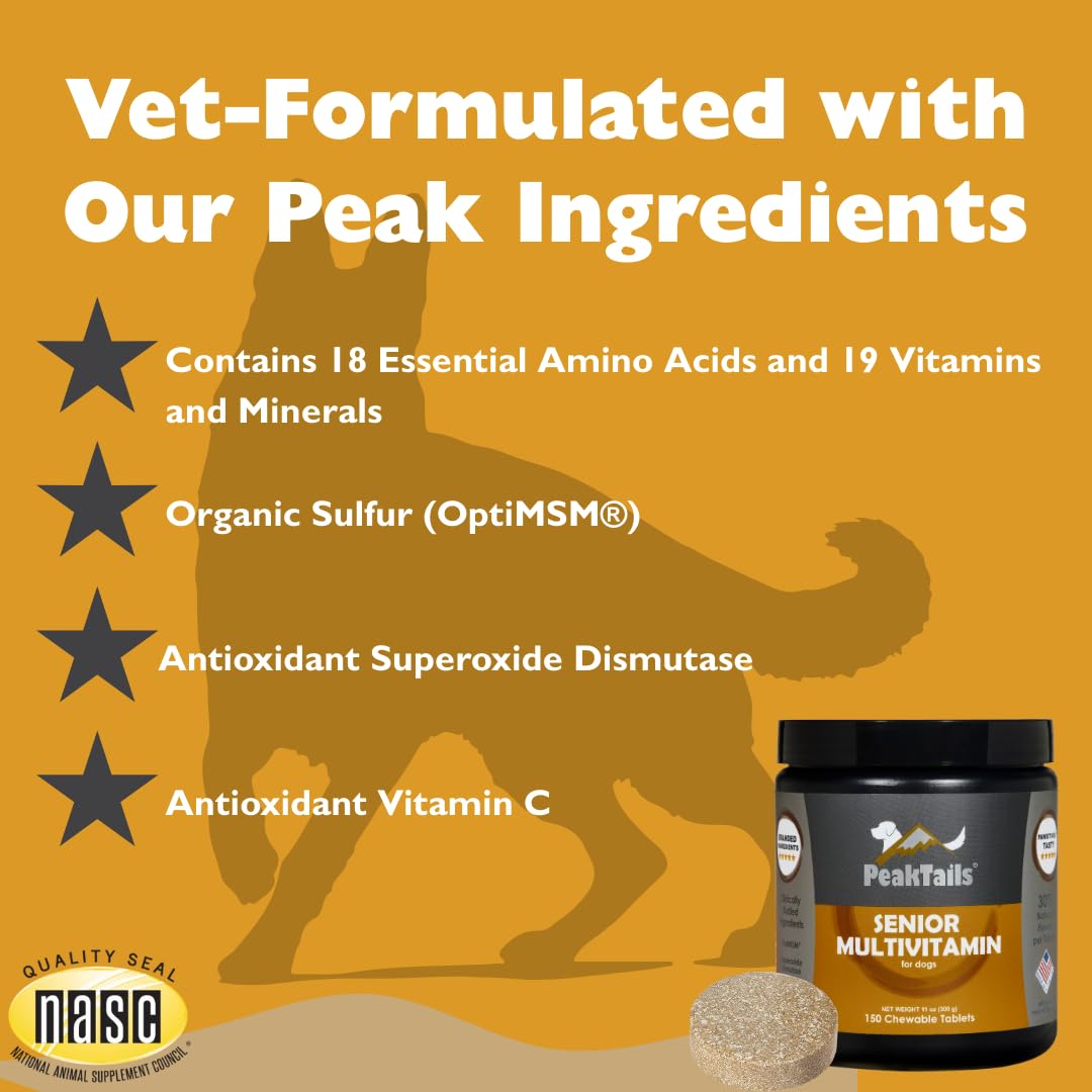 PeakTails Senior Multivitamin – ingrédients premium pour meilleure absorption.