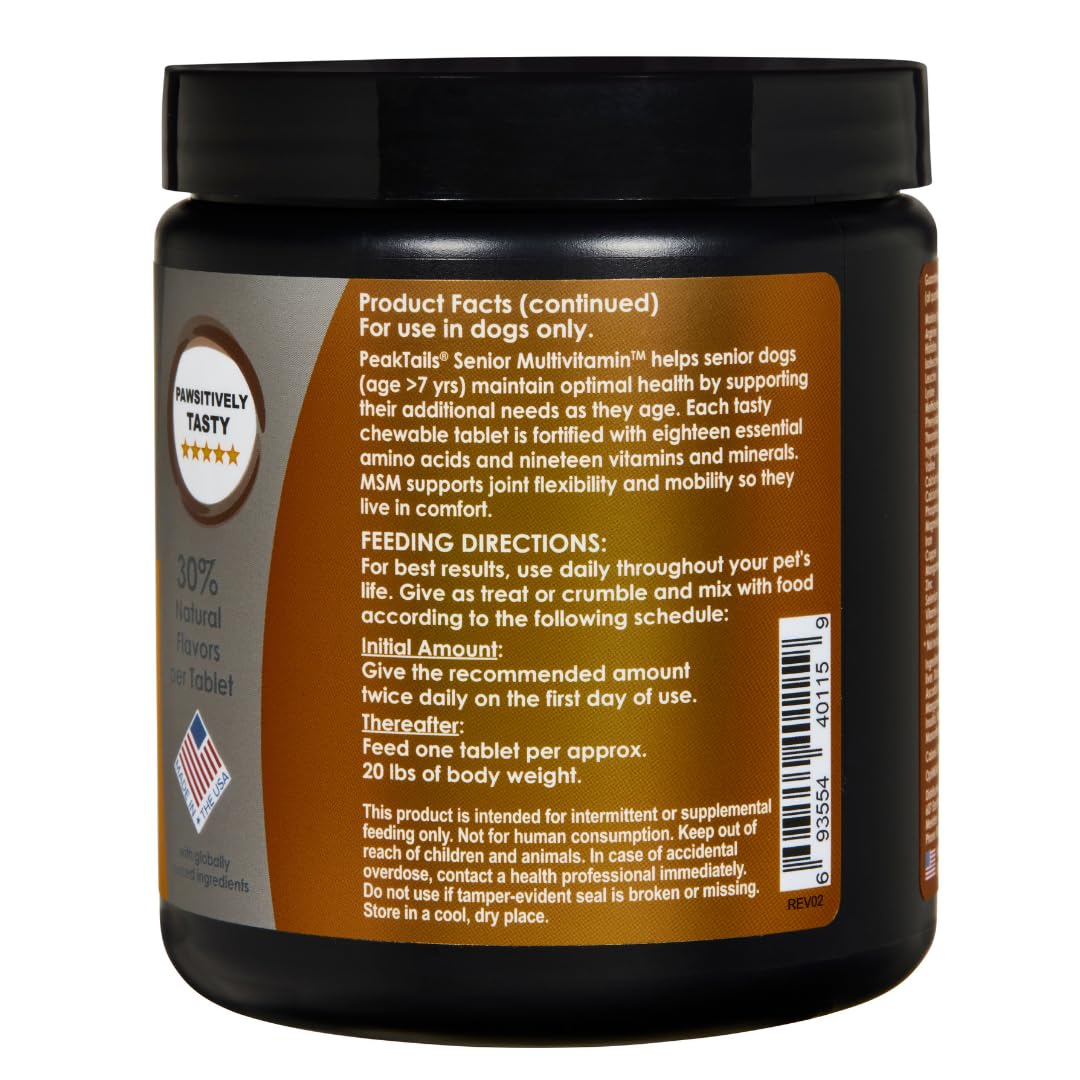 PeakTails Senior Multivitamin – formulation MSM et SOD pour le soutien immunitaire.