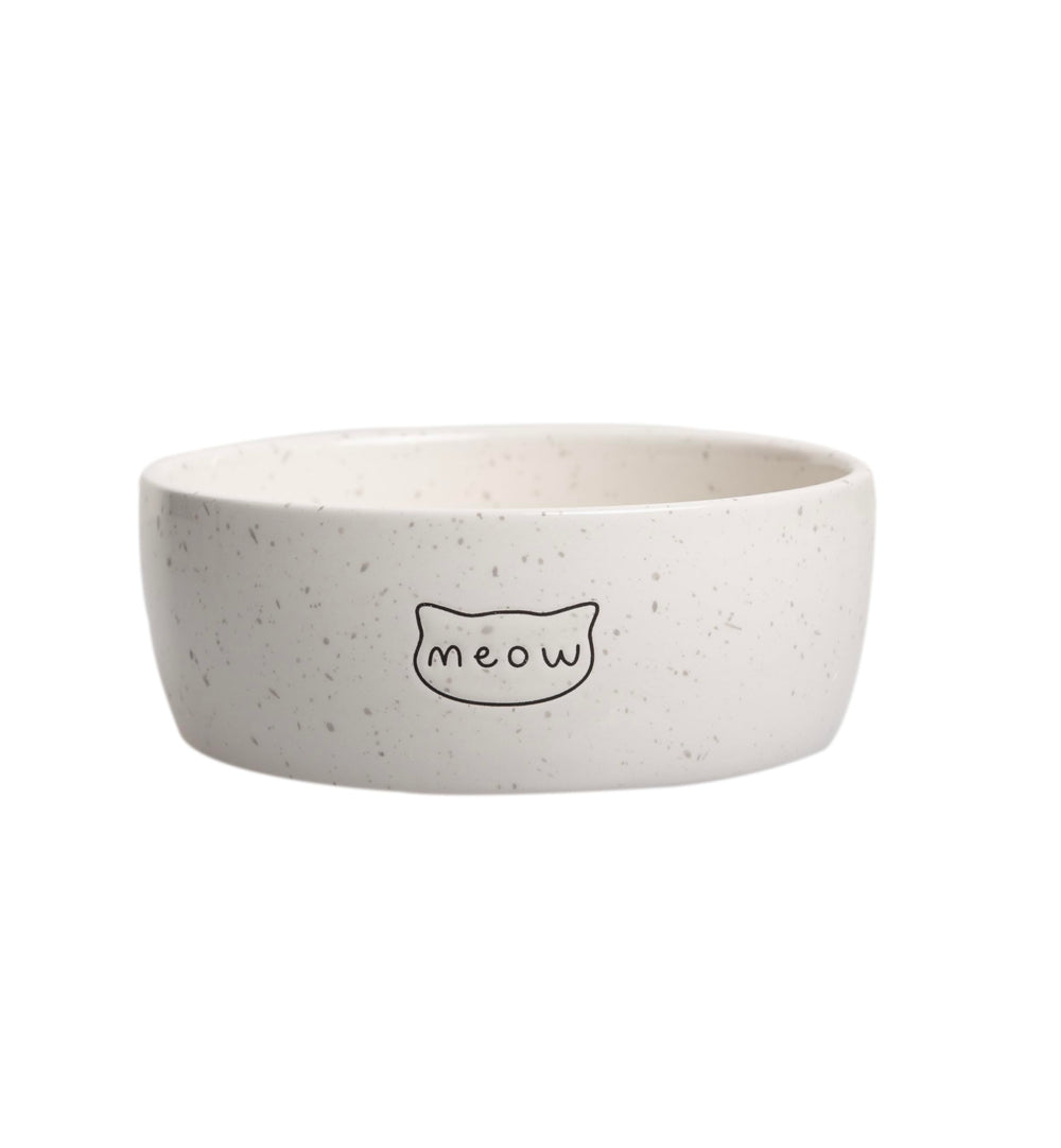 Pearhead bol chat miaou en céramique mouchetée blanc, idéal pour repas quotidiens.
