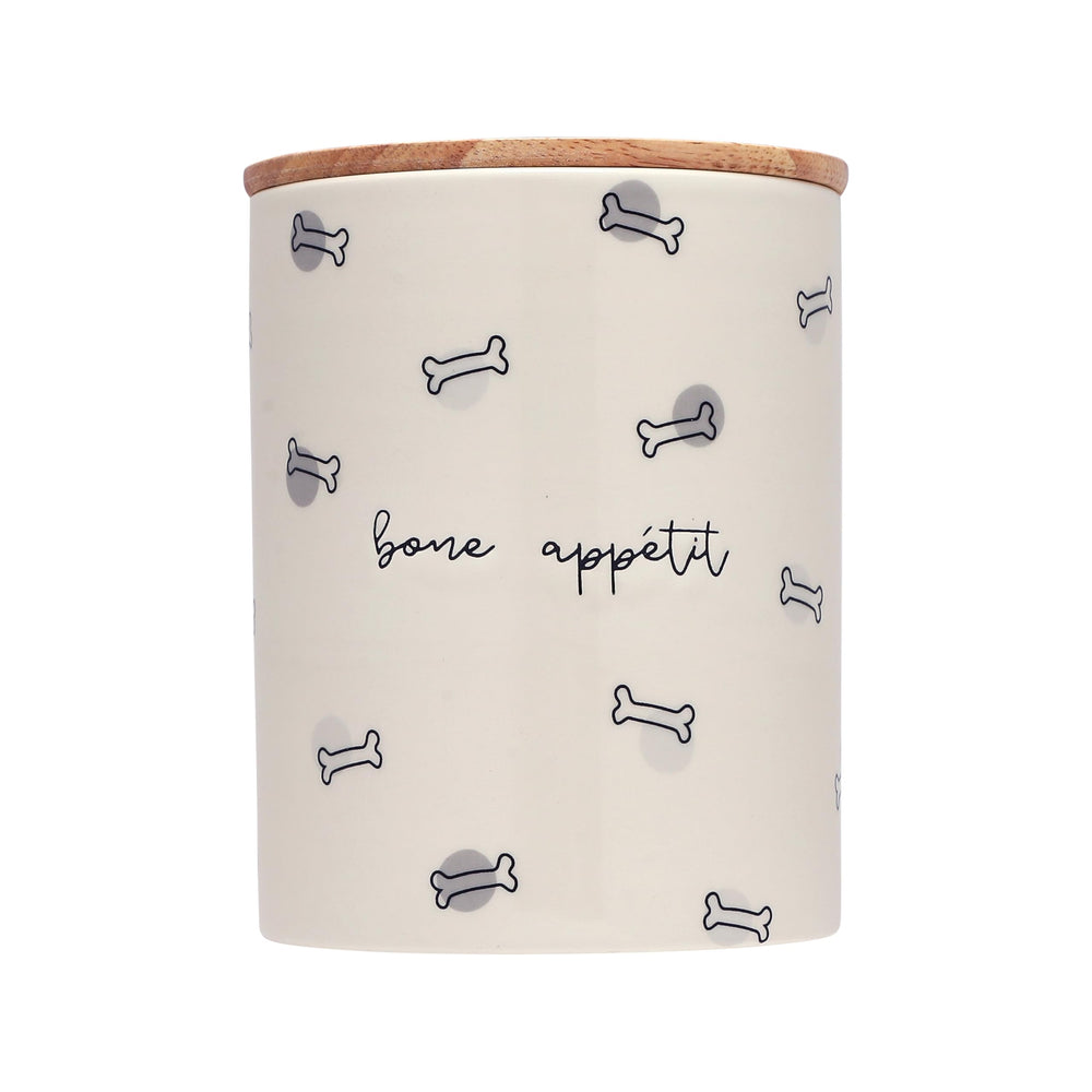 Jarre Pearhead Bone Appétit en céramique beige avec couvercle bois, rangement élégant des friandises.