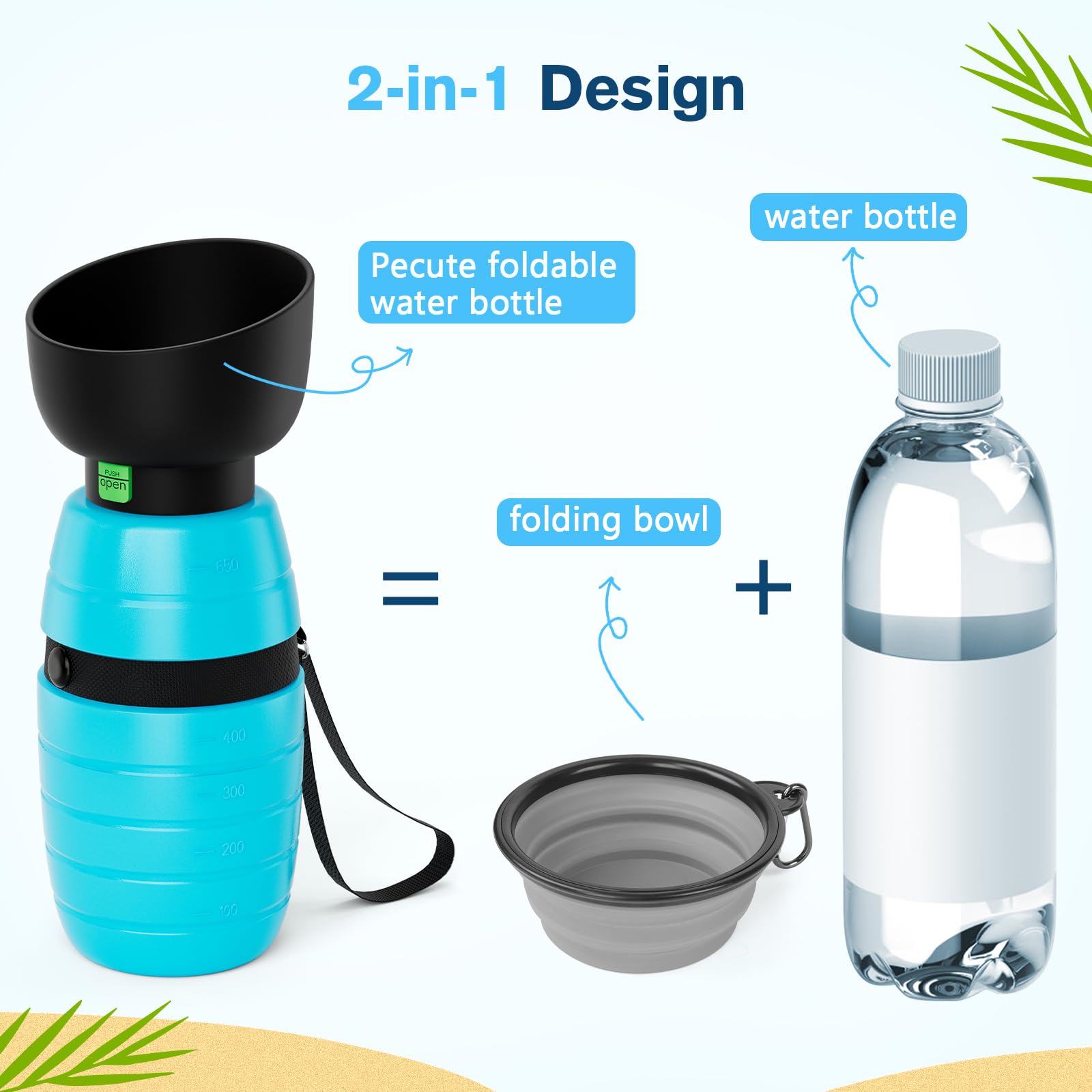 Pecute bol pliable 2 en 1—bol intégré pour hydratation en déplacement.