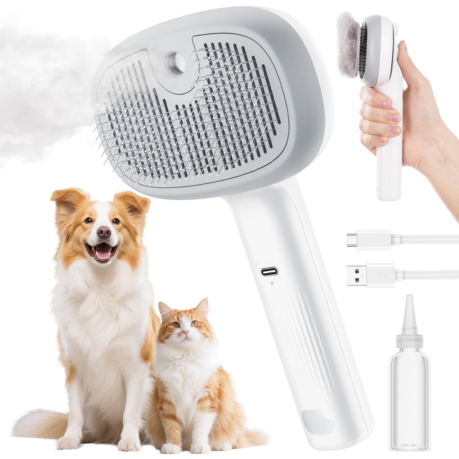 Pecute brosse chat steam, vue avant, déloge les poils morts pour un pelage plus soyeux.