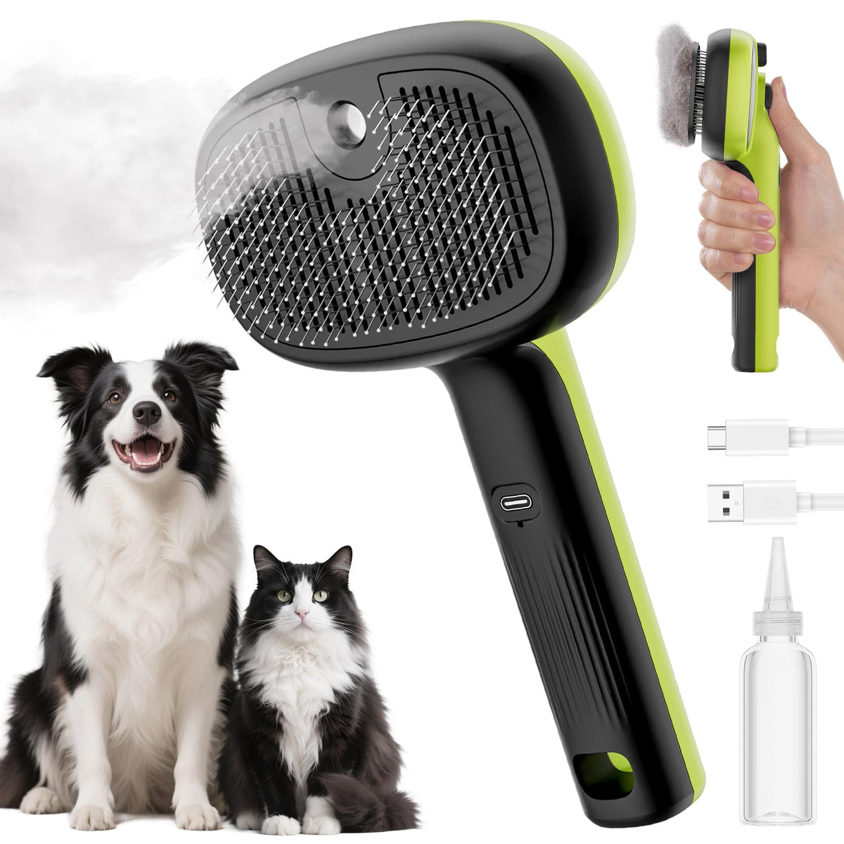 Brosse vapeur Pecute pour chat en action démêlant et hydratant le pelage.