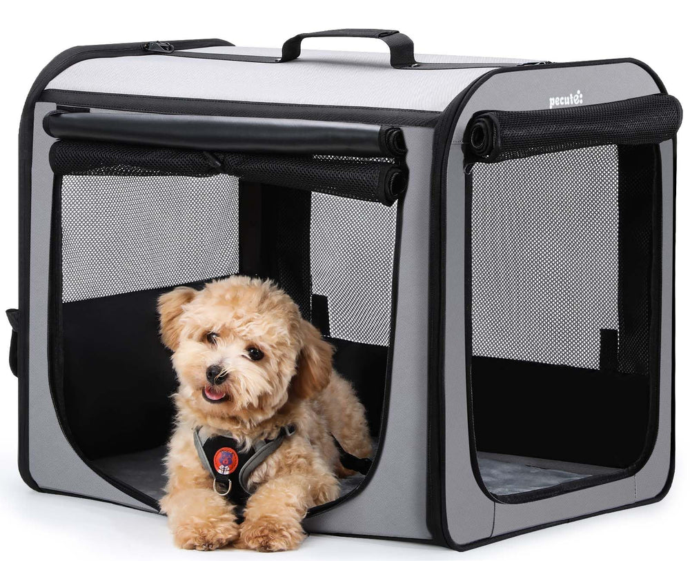 Caisse Pecute pour chien grise, ouverture facile et ventilation naturelle.
