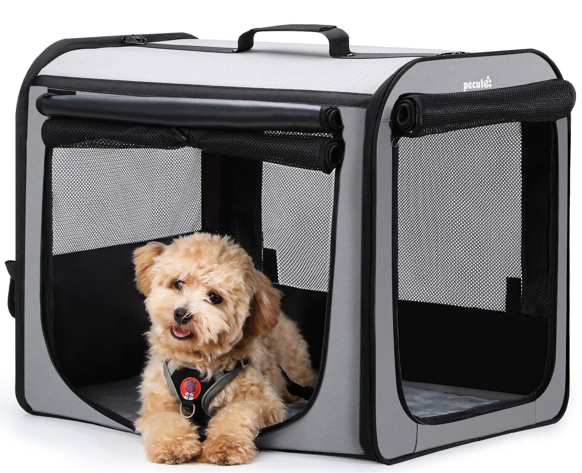 Caisse Pecute pour chien grise, ouverture facile et ventilation naturelle.